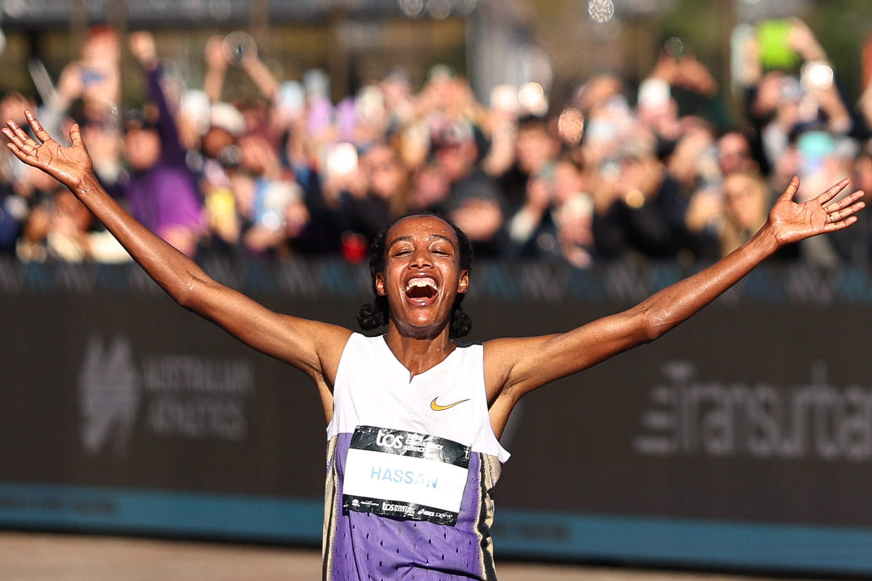 SYDNEY, AUSTRALIA - AUGUST 31: Sifan Hassan of the Netherlands celebrates winning the Women's Marathon during the 2025 Sydney Marathon on August 31, 2025 in Sydney, Australia. (Photo by Jeremy Ng/Getty Images for Adidas)