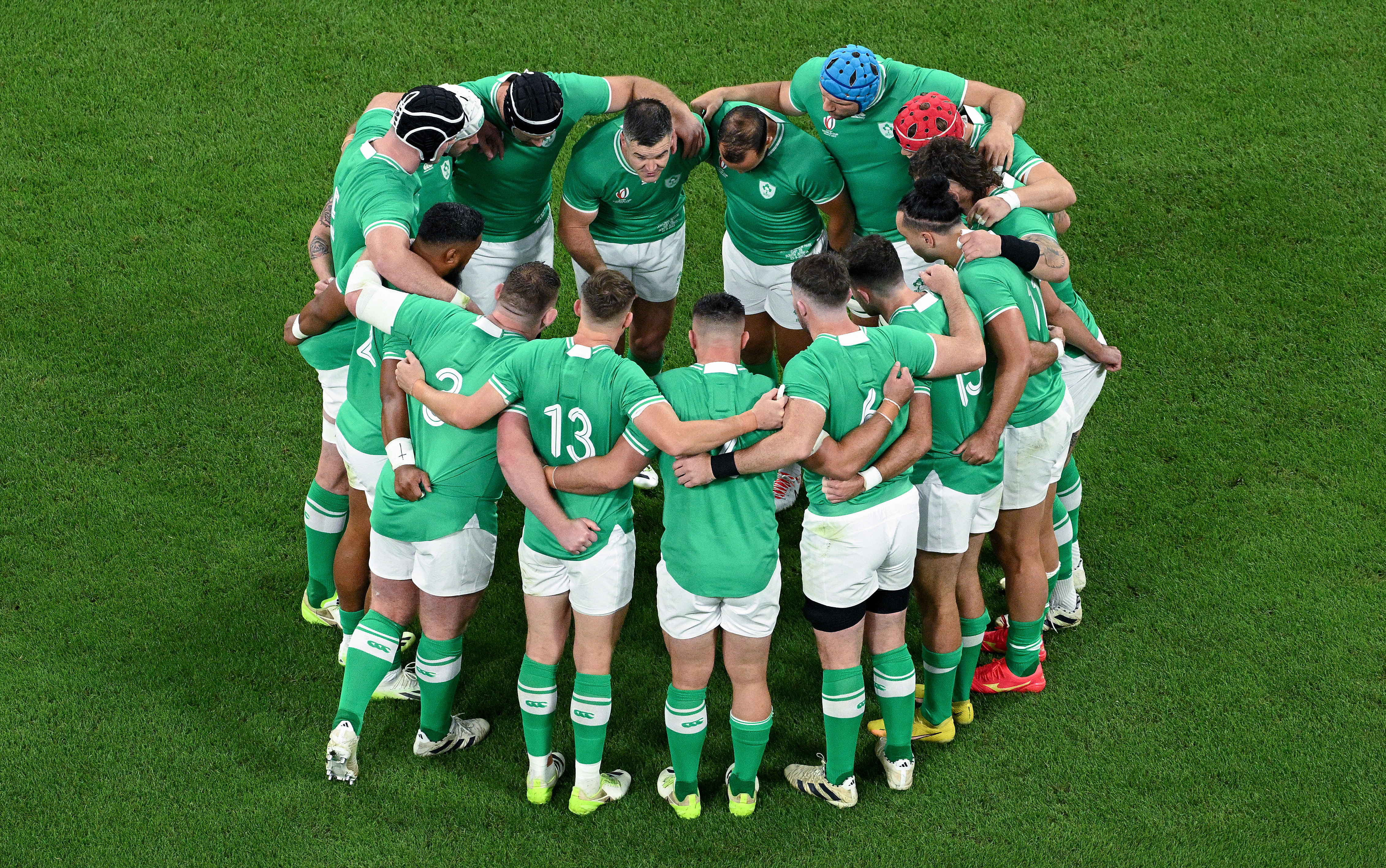 Players of Ireland huddle as Johnny Sexton gives a team talk prior to the Rugby World Cup against South Africa.