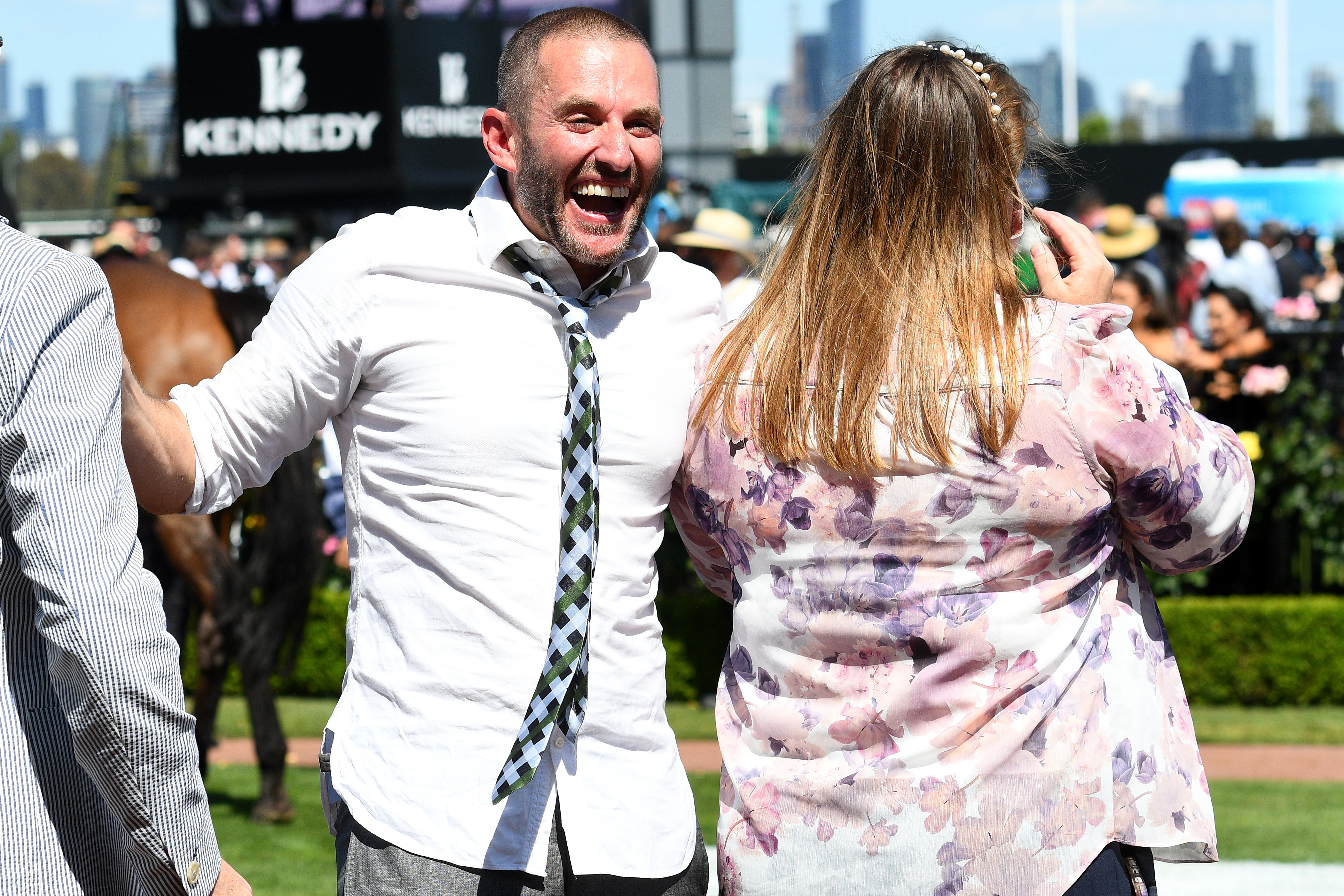 Verry Elleegant owner Brae Sokolski jumped the fence into the mounting yarn after the win.