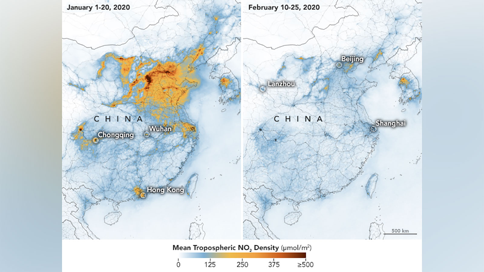 The satellite images have detected a significantdecreases in nitrogen dioxide over China.