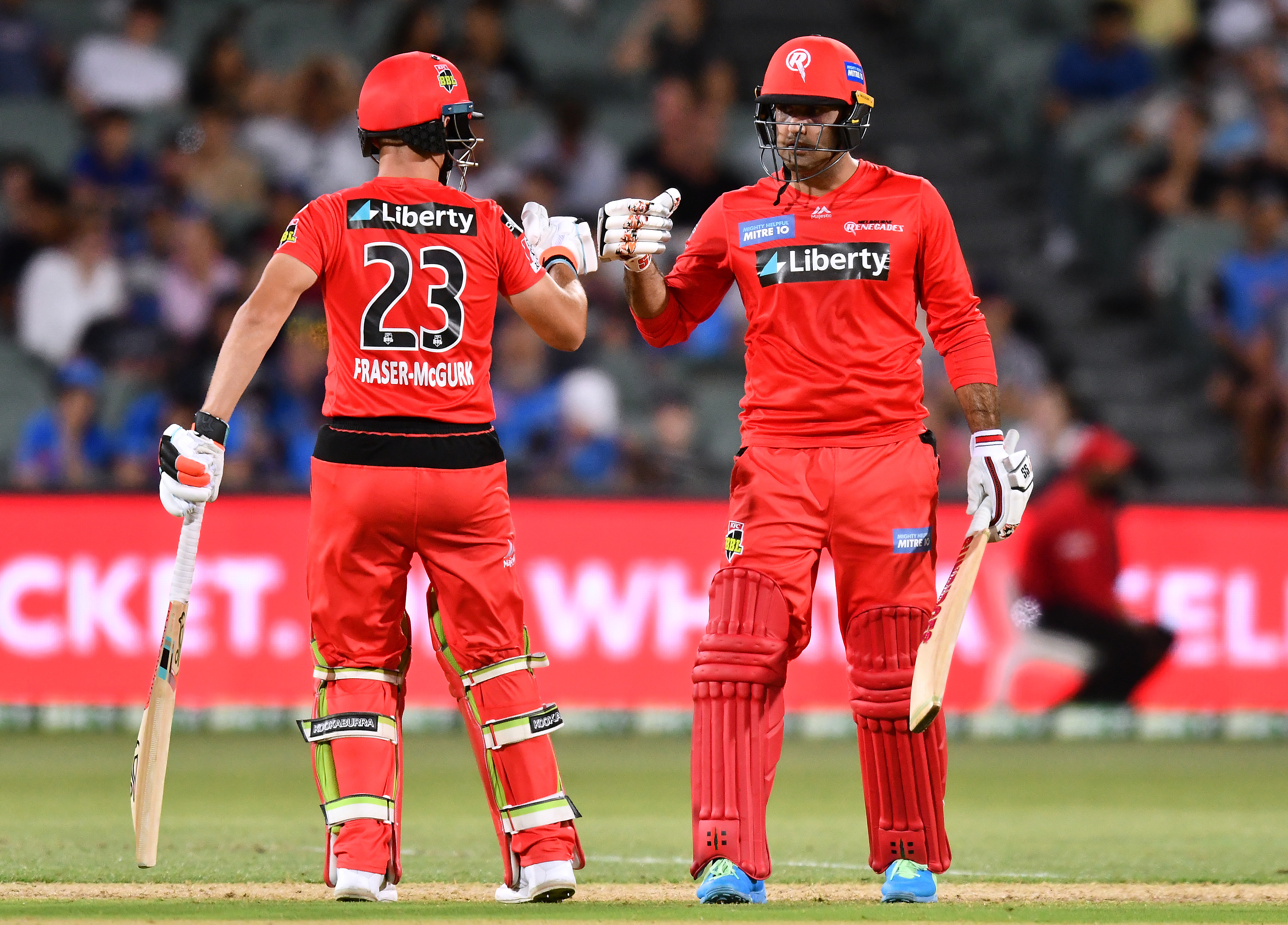 Jake Fraser-McGurk and Mohammad Nabi of the Renegades celebrate a boundary.