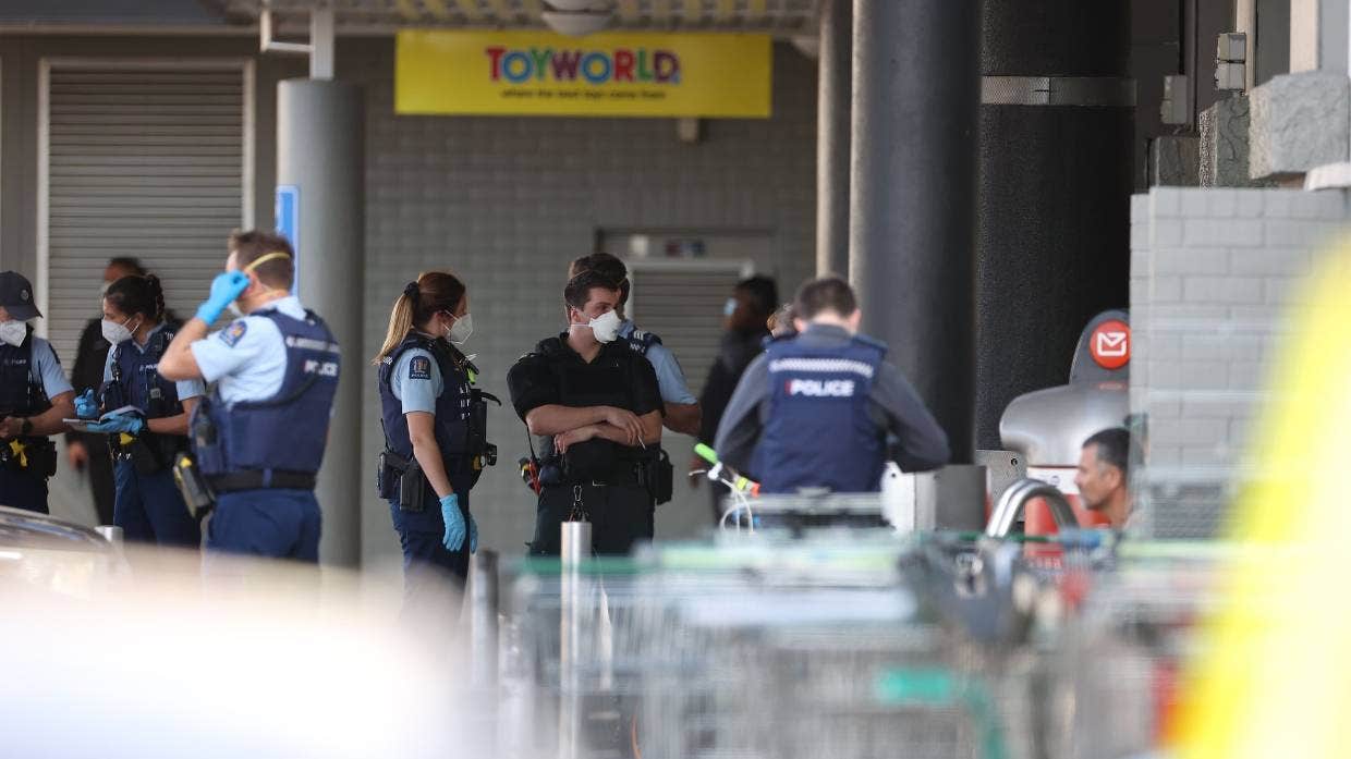 Police outside Countdown at Lynn Mall, where a man has been shot dead by police.