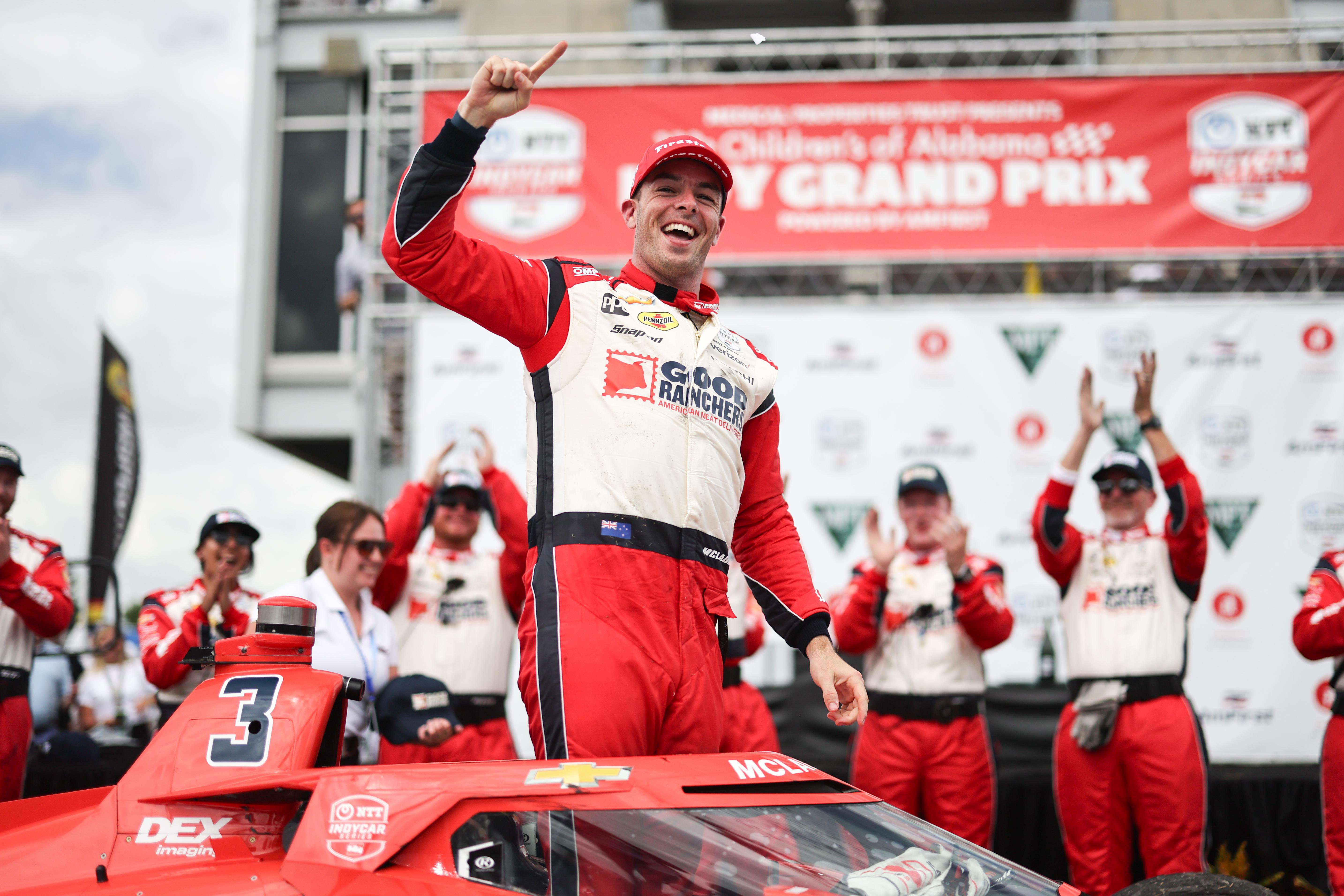 Scott McLaughlin celebrates victory at Barber Motorsports Park.