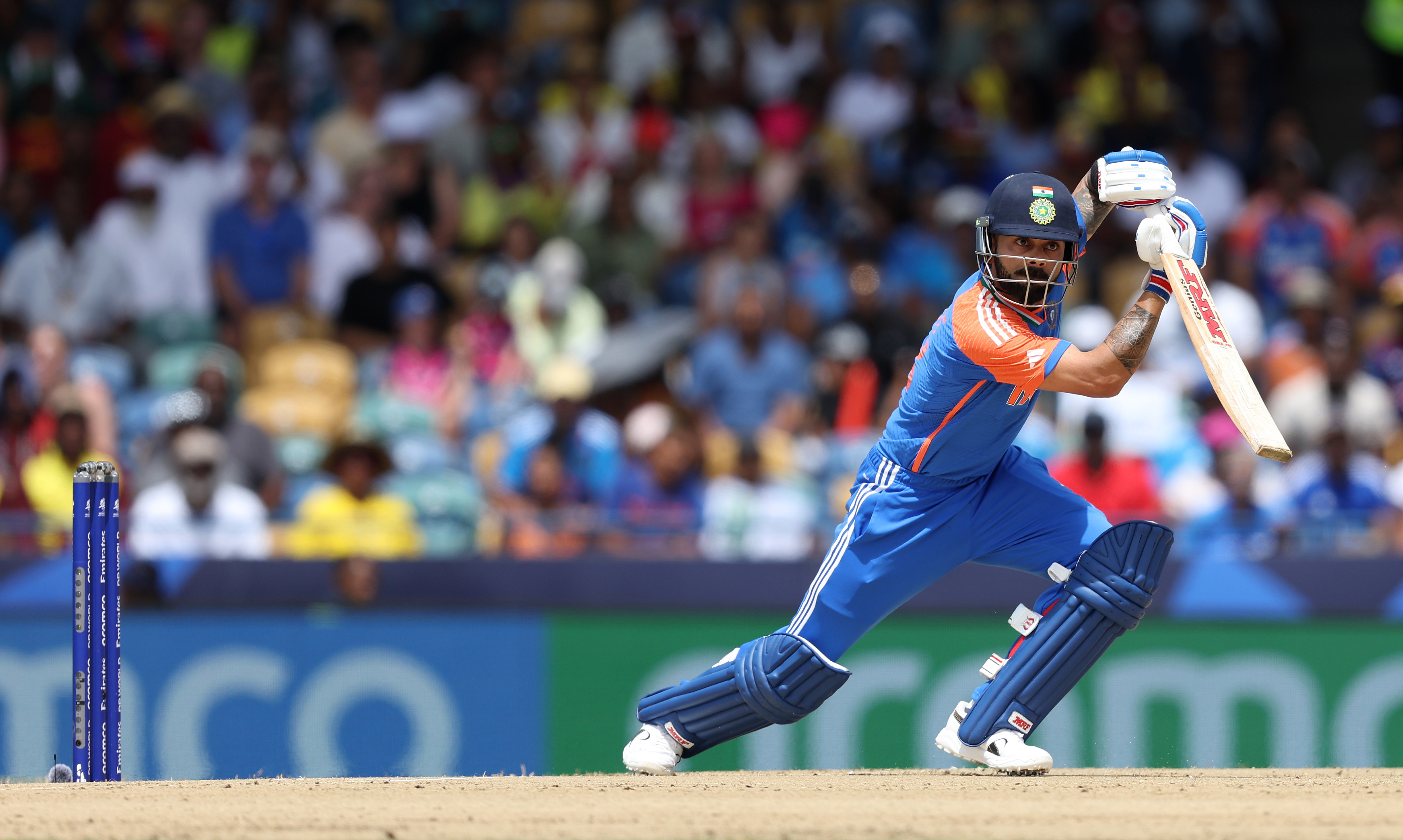 Virat Kohli of India plays a shot during the ICC Men's T20 Cricket World Cup West Indies & USA 2024 Final match between South Africa and India at Kensington Oval on June 29, 2024 in Bridgetown, Barbados. (Photo by Matthew Lewis-ICC/ICC via Getty Images)