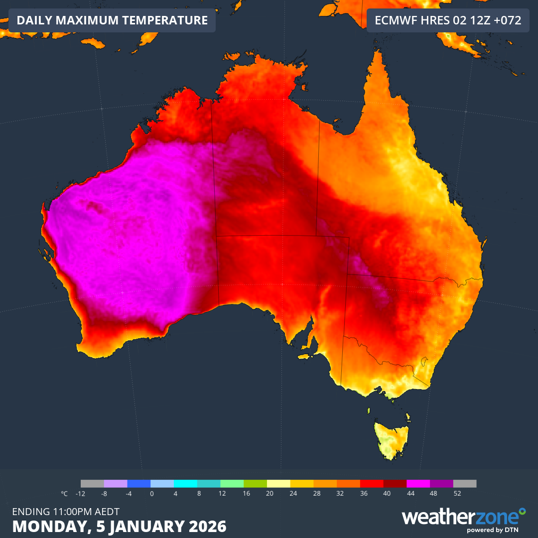 An extremely hot air mass will spread across the country this week﻿, pushing temperatures towards the mid-to-high 40s in parts of Western Australia, South Australia, Victoria and New South Wales.