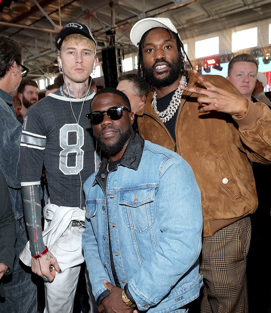 mgk (Machine Gun Kelly), Kevin Hart and Meek Mill attend the 2026 Fanatics Super Bowl Party at Pier 48 in San Francisco on February 07, 2026 in San Francisco, California.