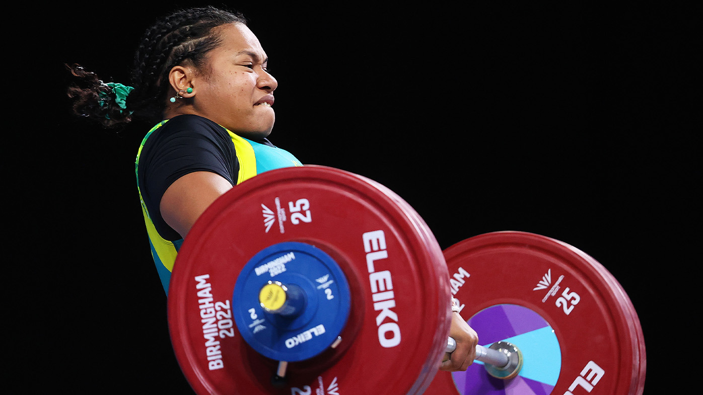 Australian weightlifter Eileen Cikamatana contesting the 2022 Commonwealth Games in Birmingham, at which she won a gold medal.