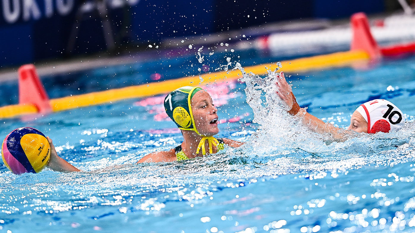  Rowie Webster of Australia in action against Kyra Christmas of Canada during the Women's Preliminary Round Group A match between Canada and Australia at the Tatsumi Water Polo Centre during the 2020 Tokyo Summer Olympic Games in Tokyo, Japan. (Photo By Ramsey Cardy/Sportsfile via Getty Images)