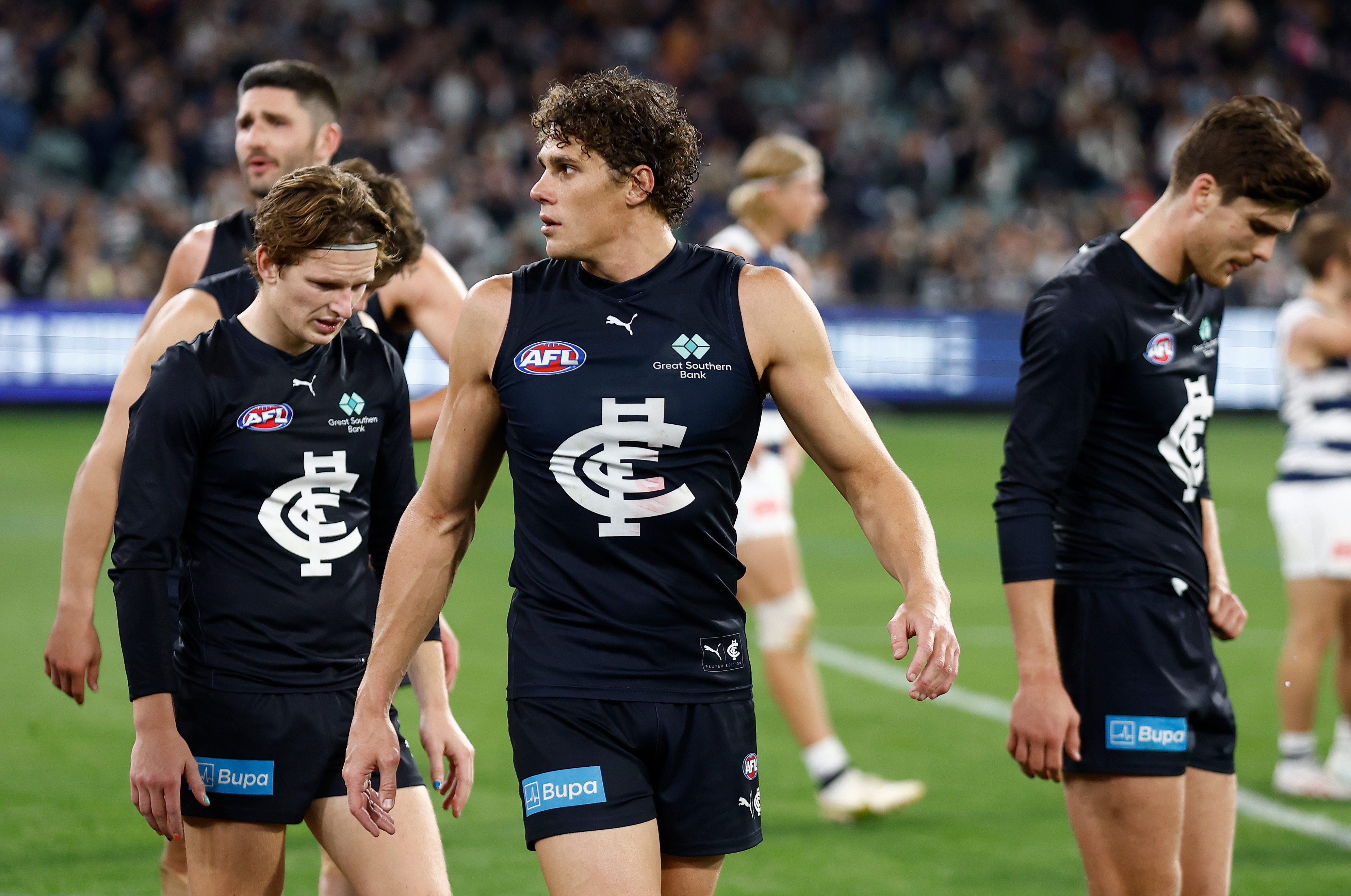 Charlie Curnow of the Blues looks dejected after a loss. 