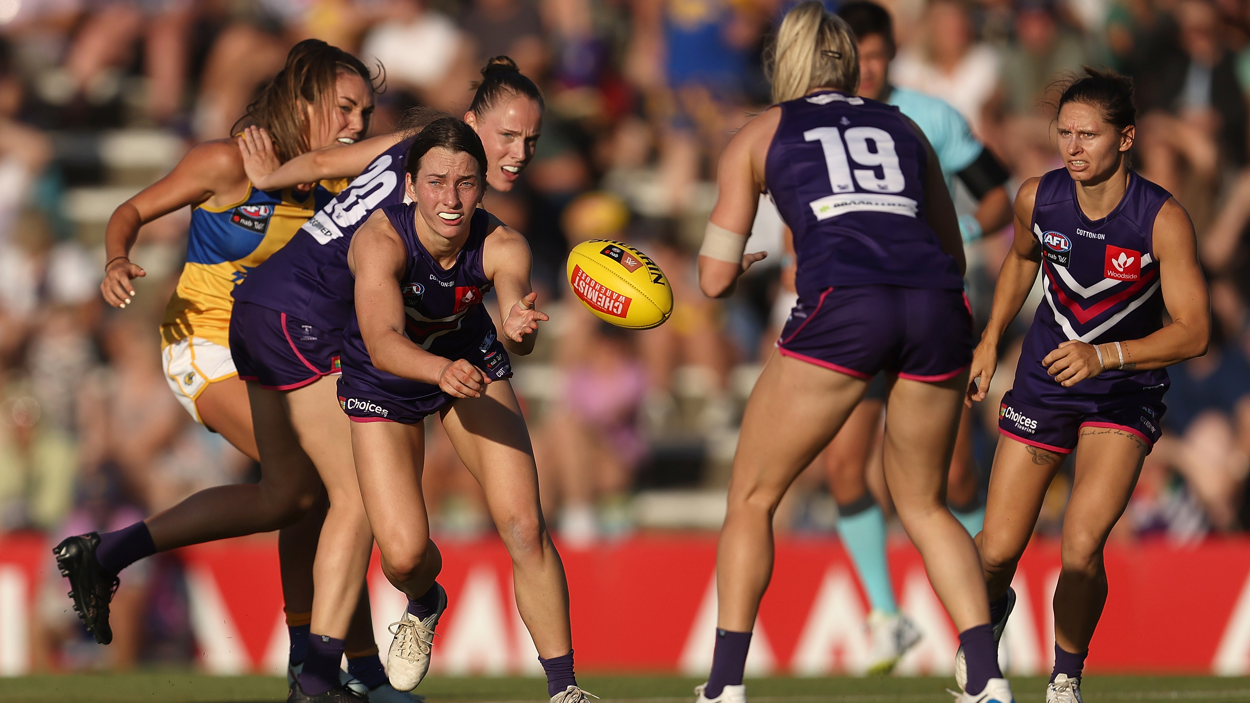 Jessica Low of the Dockers in action during the round one AFLW match between the Fremantle Dockers and the West Coast Eagles at Fremantle Oval.