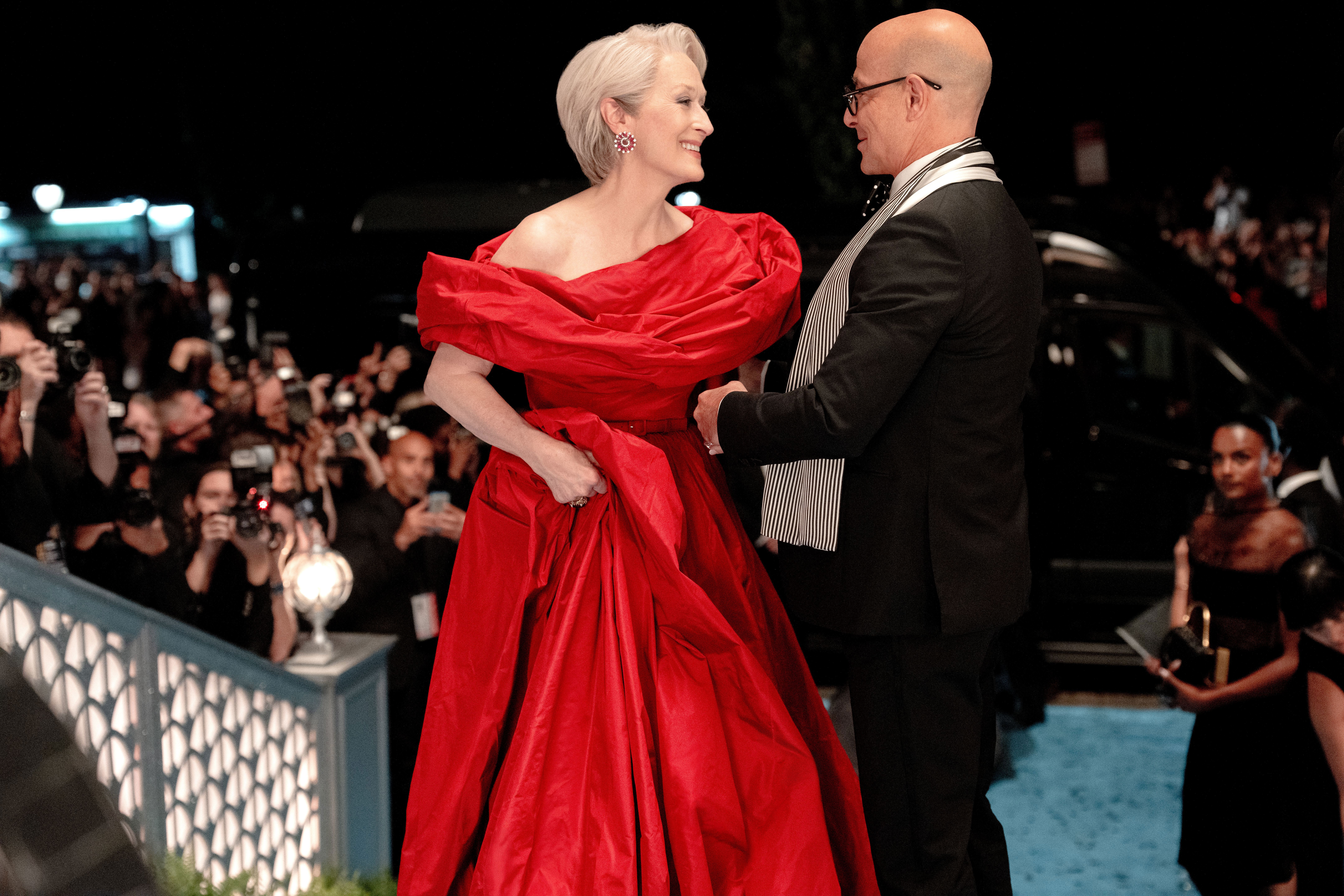 (L-R): Meryl Streep as Miranda Priestly and Stanley Tucci as Nigel Kipling in 20th Century Studios' THE DEVIL WEARS PRADA 2. Photo courtesy of 20th Century Studios. © 2026 20th Century Studios. All Rights Reserved.