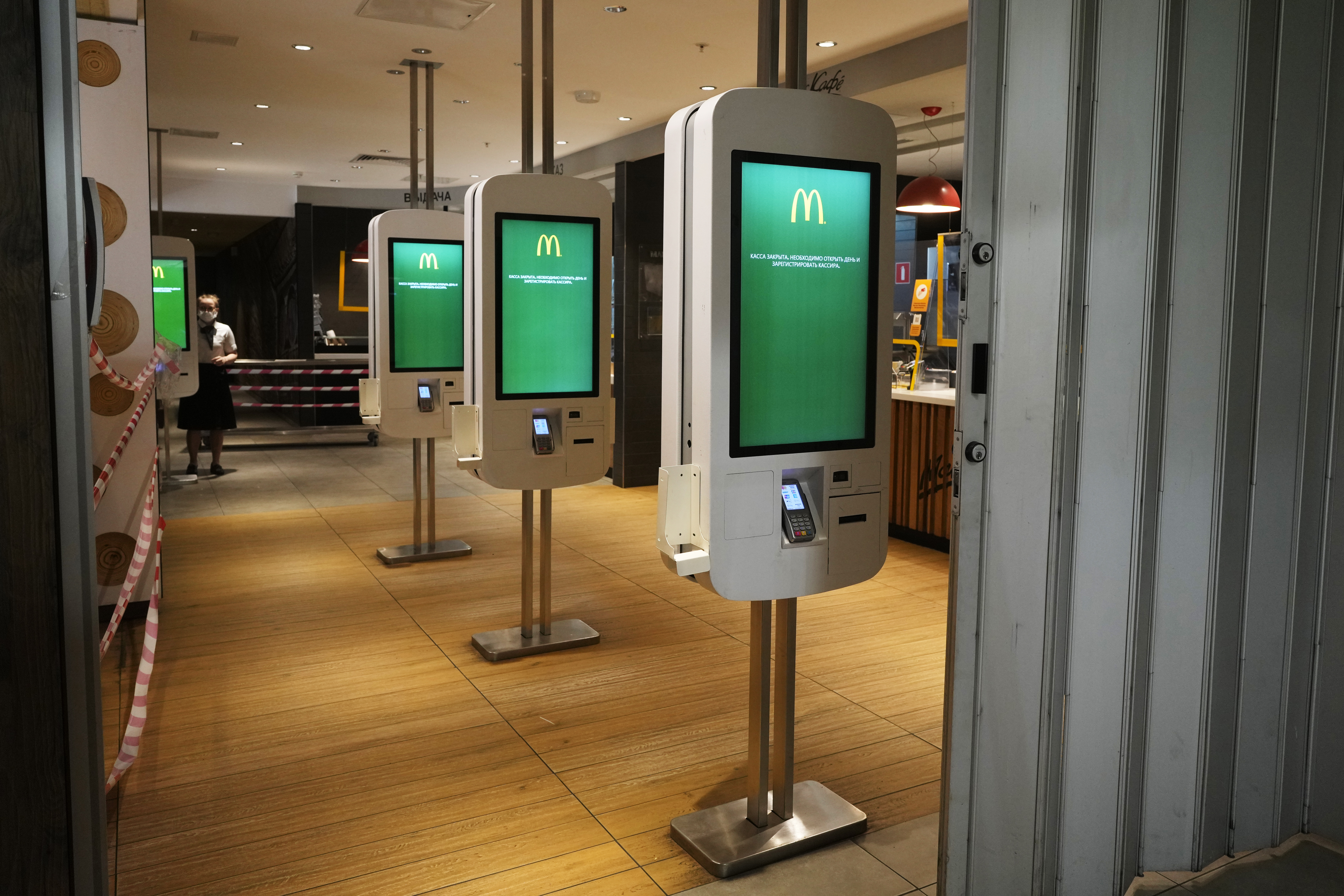 A view of an empty McDonald's restaurant closed to visitors in St. Petersburg, Russia.