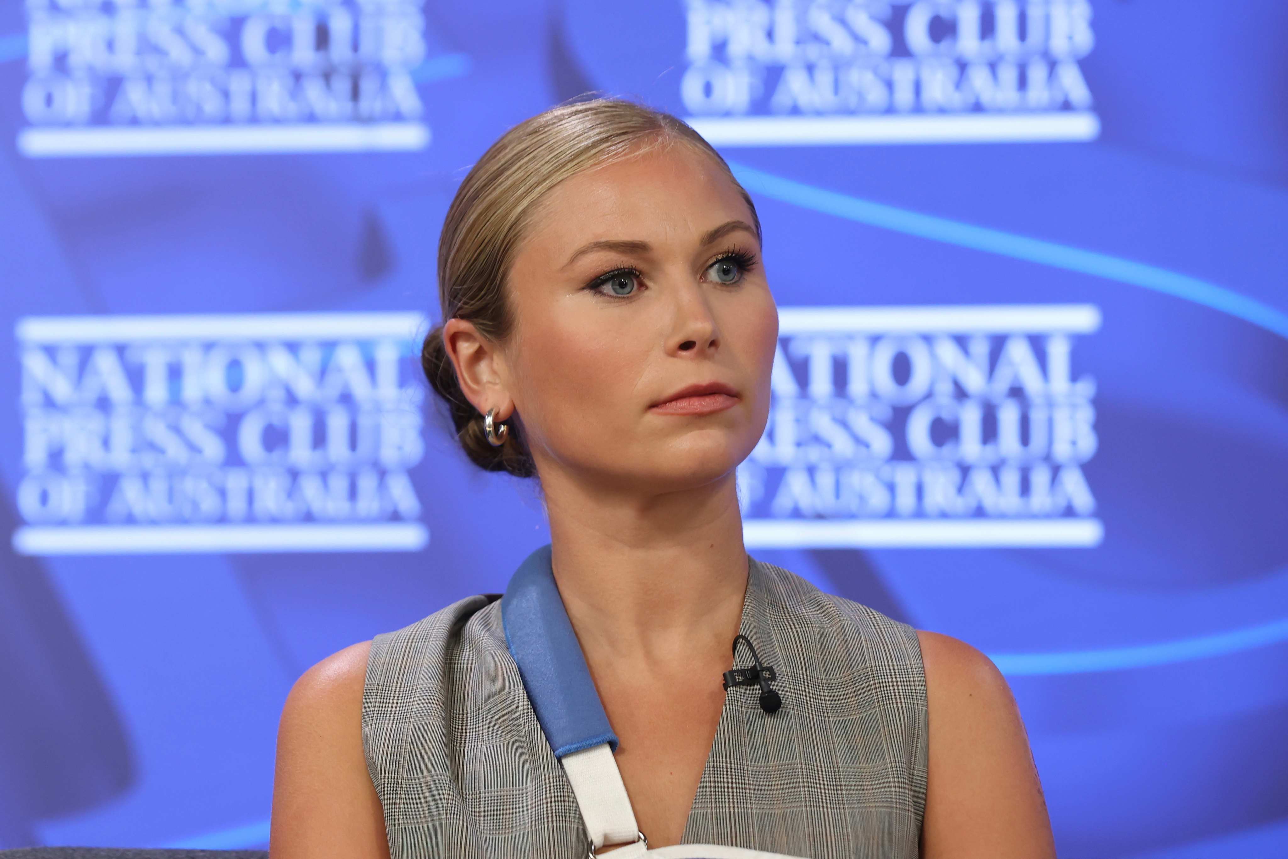 Grace Tame during her address to the National Press Club of Australia in Canberra on Wednesday 9 February 2022.