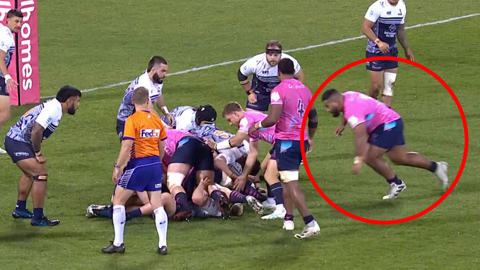 Rebels prop Taniela Tupou runs towards the Brumbies ruck for a cleanout.