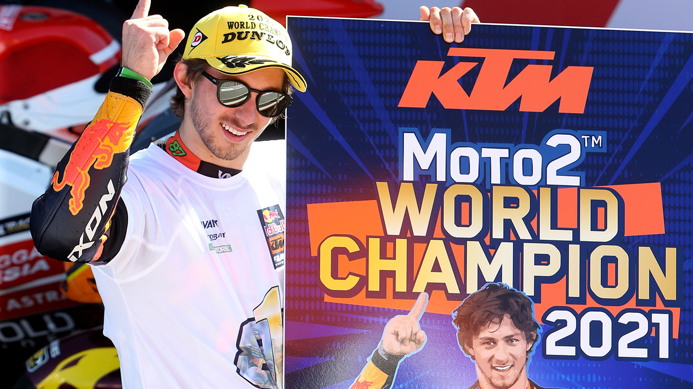 Moto2 rider Remy Gardner of Australia celebrates after winning the championship
