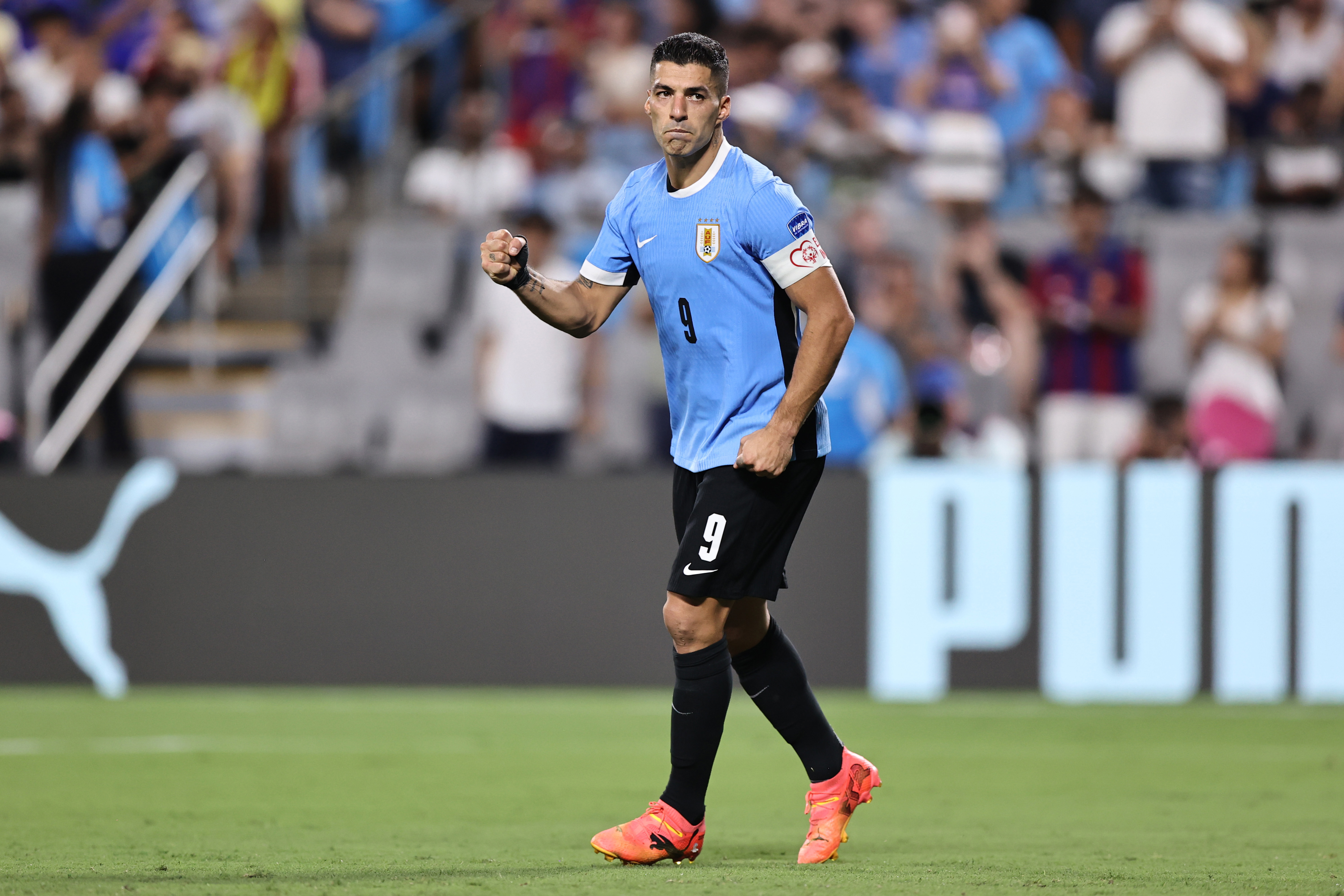 Luis Suarez of Uruguay celebrates scoring the team's fourth penalty in the penalty shoot out during the CONMEBOL Copa America 2024 third place match between Uruguay and Canada at Bank of America Stadium on July 13, 2024 in Charlotte, North Carolina. (Photo by Omar Vega/Getty Images)