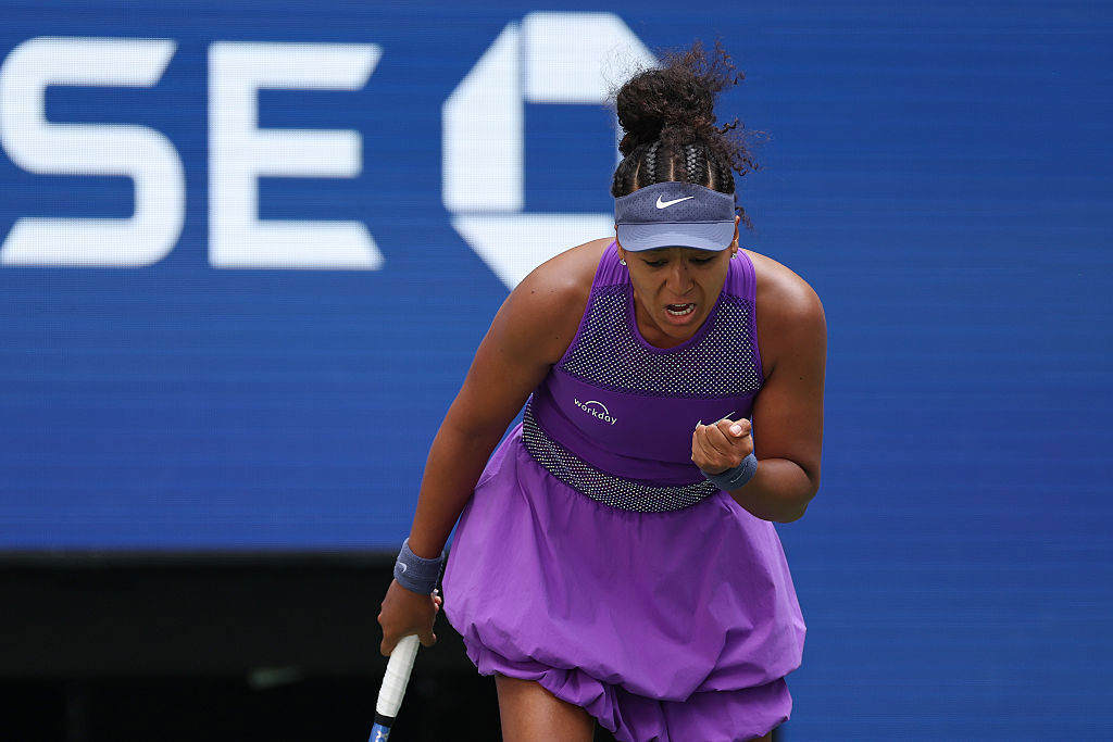 Naomi Osaka of Japan reacts against Coco Gauff of the United States.
