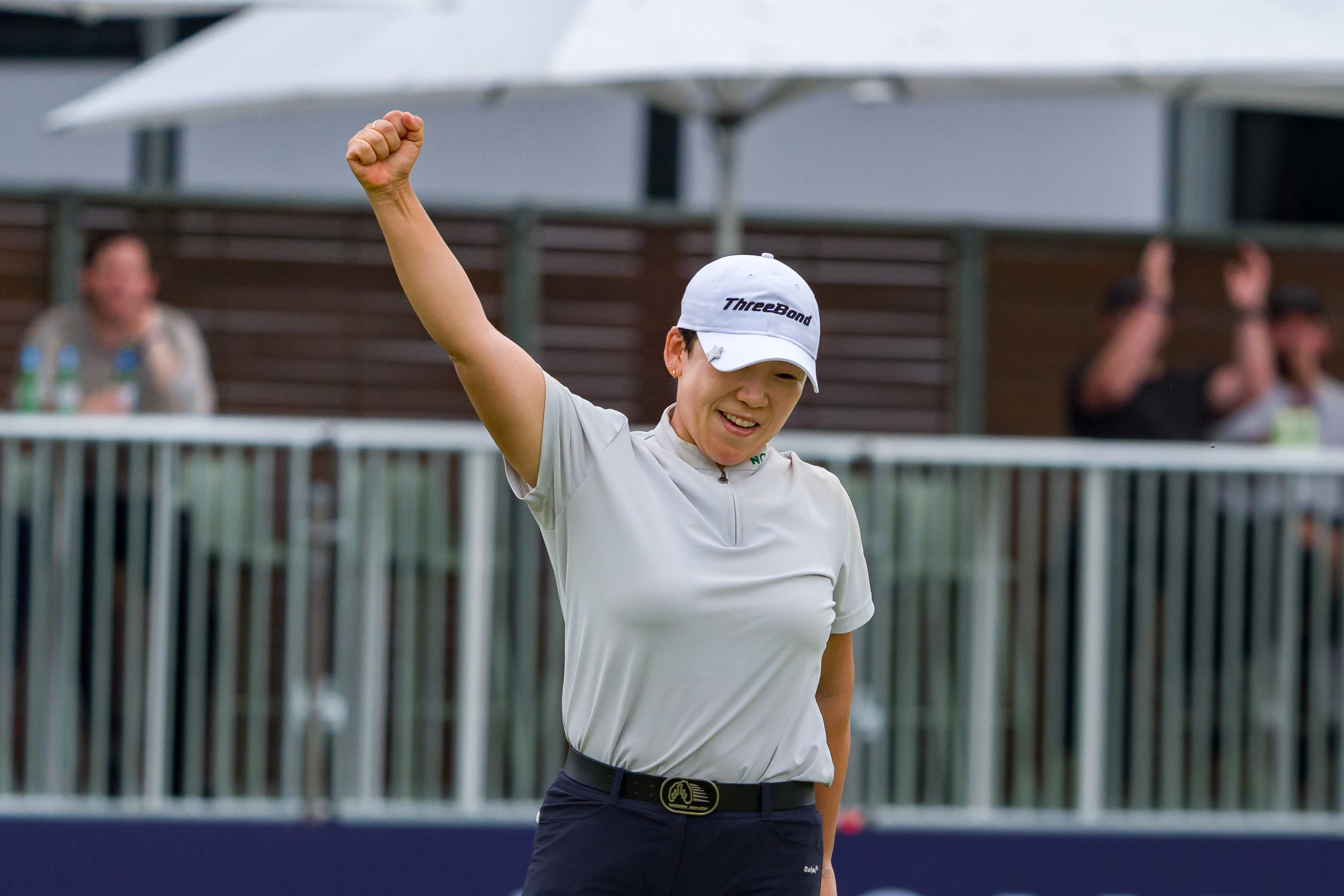 Jiyai Shin celebrates a birdie putt on the eighteenth green on day three of the Australian Open 2024 at Kingston Heath Golf Club.