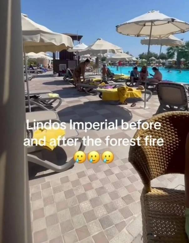 Traveller shares footage of 5-star Greek resort before and after wildfire sweeps through.