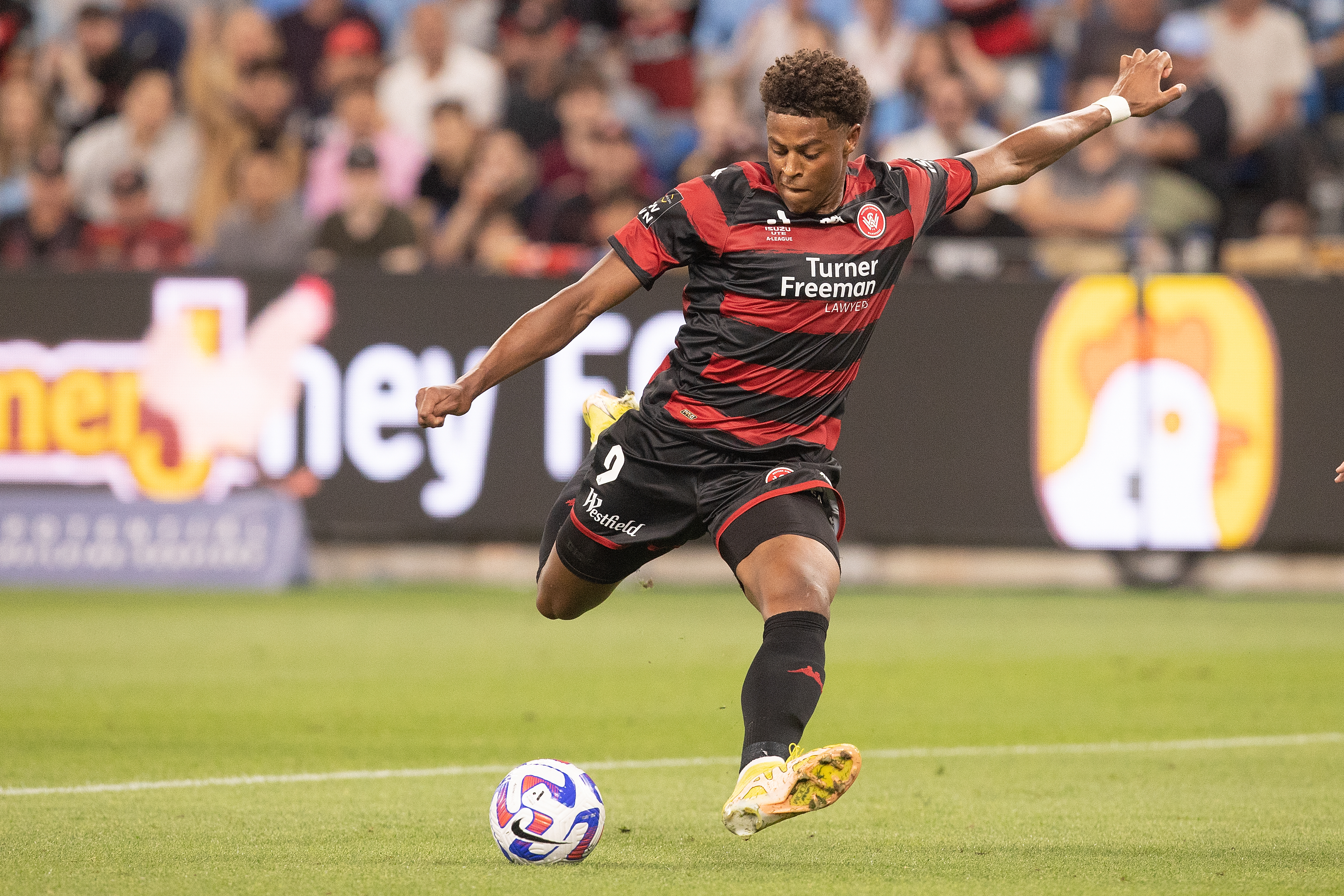 Kusini Yengi of the Wanderers shoots and scores a goal during the round six A-League Men's match between Sydney FC and Western Sydney Wanderers at Allianz Stadium, on November 12, 2022, in Sydney, Australia. (Photo by Steve Christo - Corbis/Corbis via Getty Images)