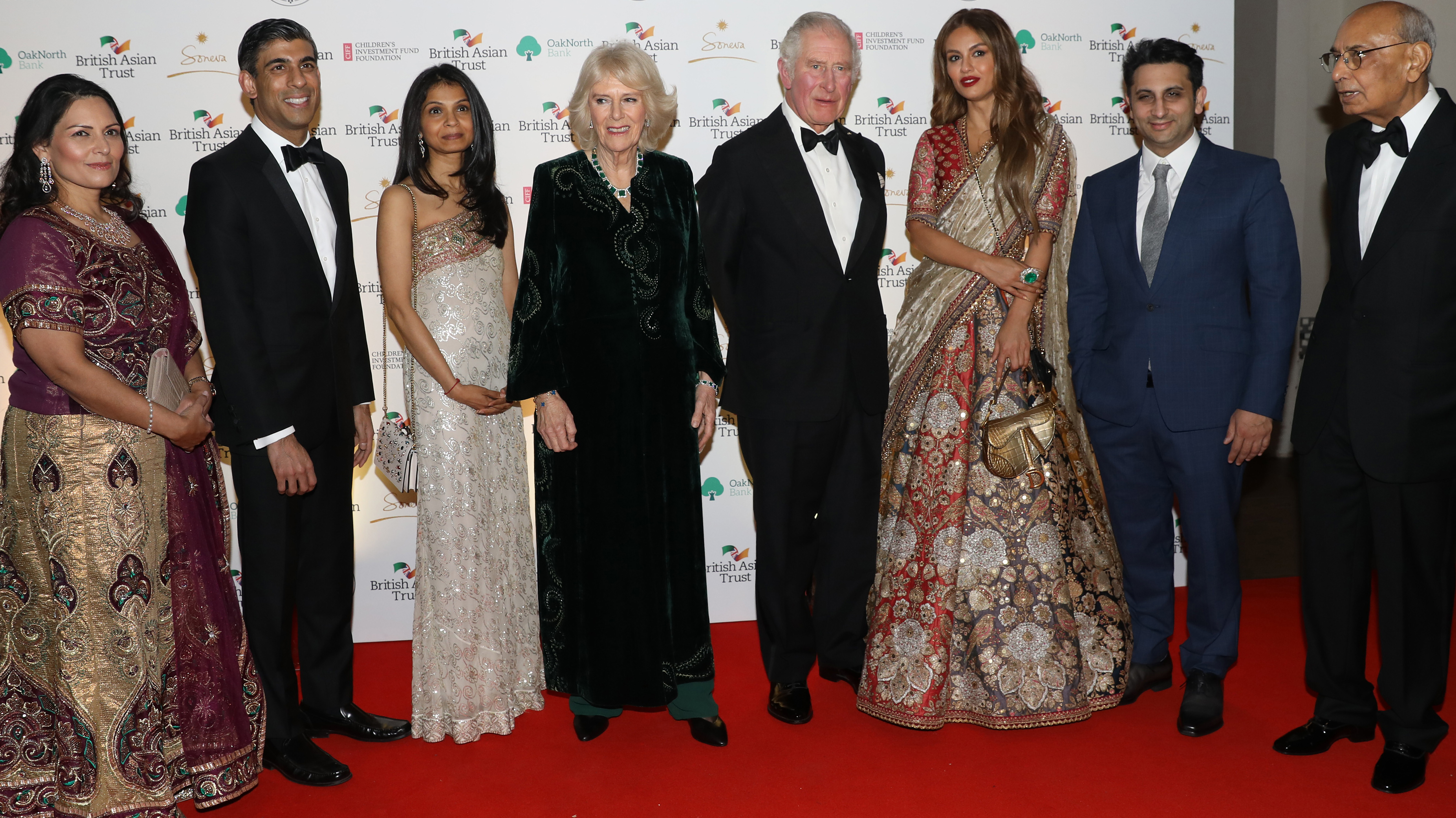 Home Secretary Priti Patel, then Chancellor of the Exchequer Rishi Sunak with wife and Akshata Murthy, Camilla, Duchess of Cornwall, and then then Prince Charles, Prince of Wales at reception to celebrate the British Asian Trust at The British Museum in February 2022.