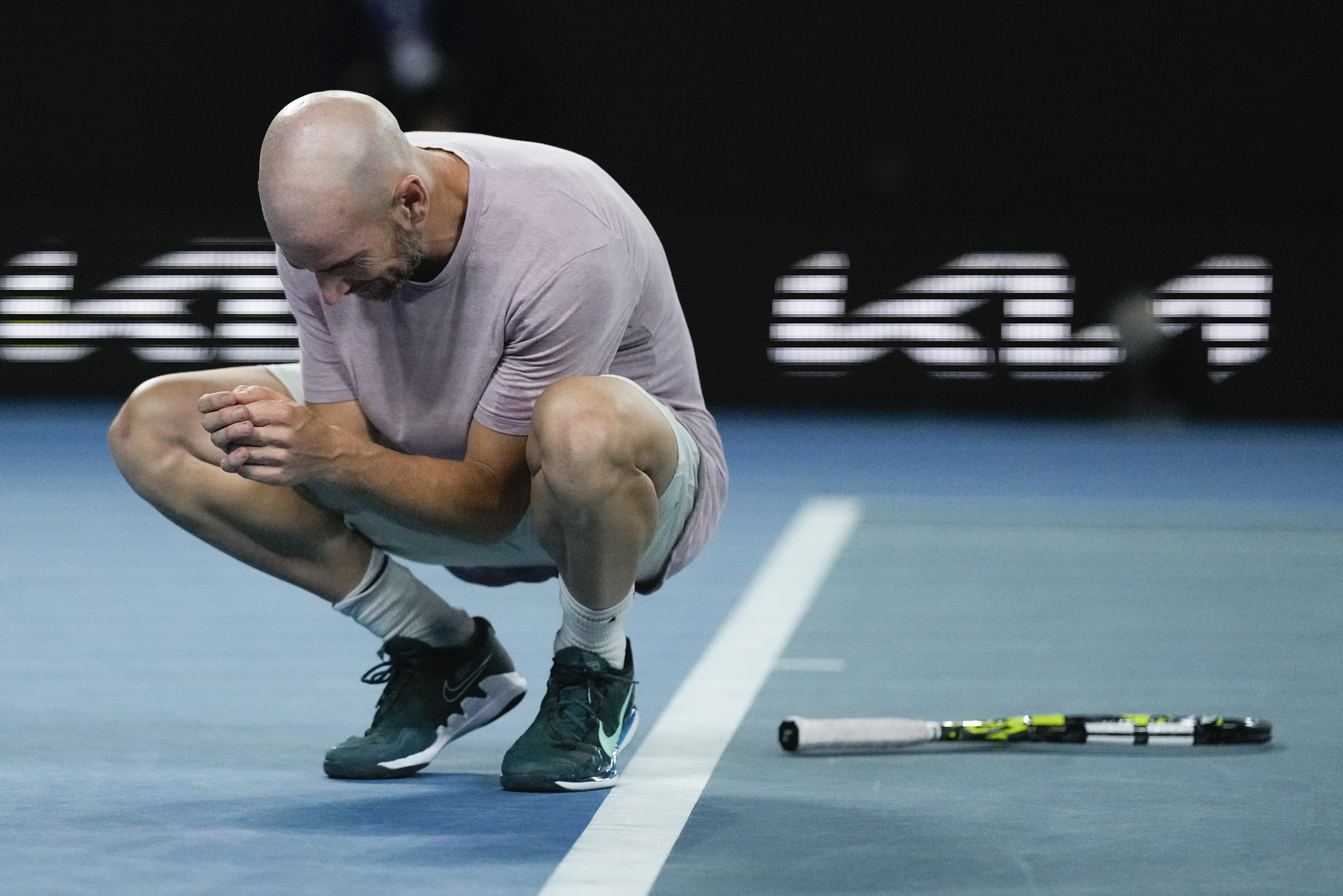 Adrian Mannarino reacts after defeating Ben Shelton in their third round match at the Australian Open.
