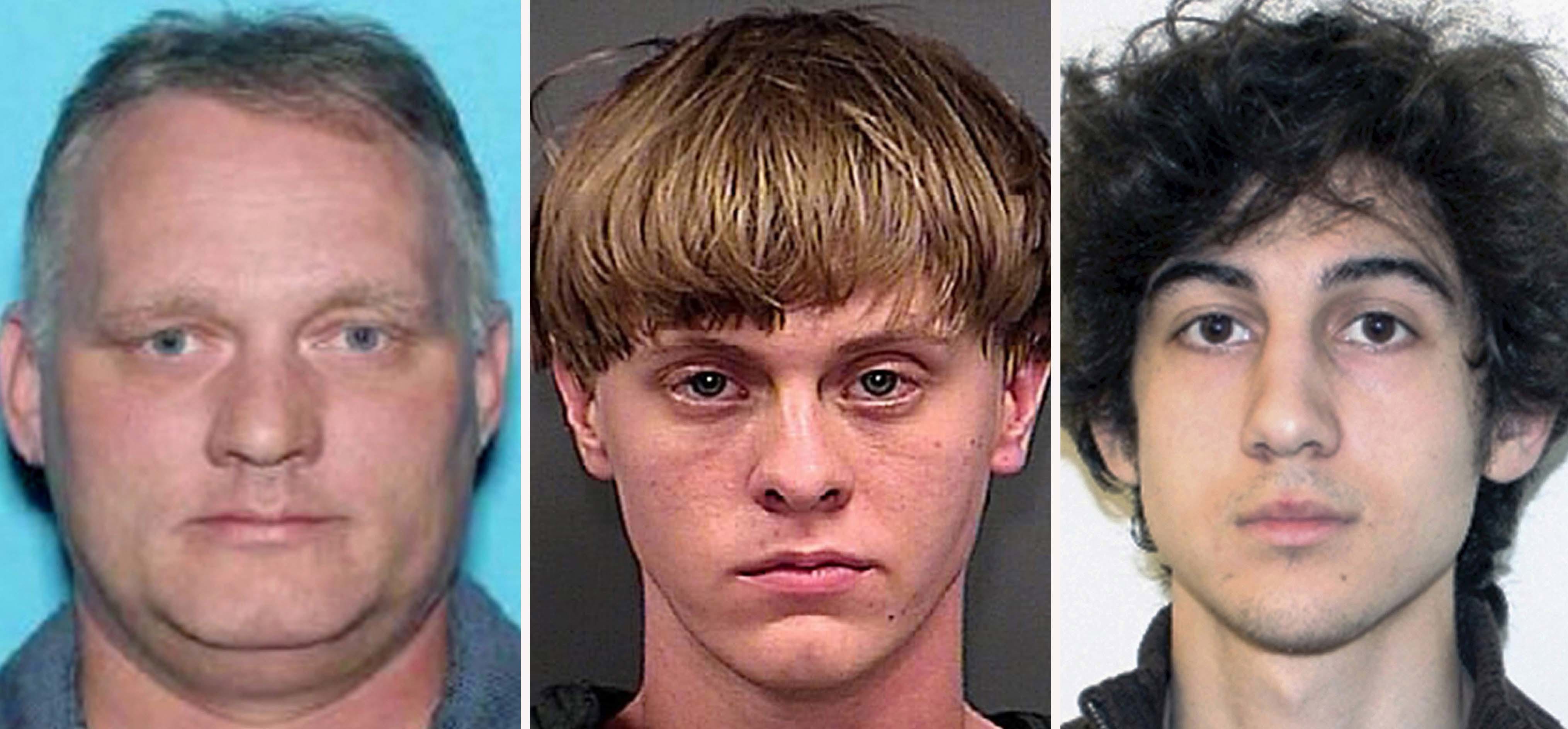 Los condenados a muerte Robert Bowers, desde la izquierda, el pistolero que masacró a 11 fieles en una sinagoga de Pittsburgh en 2018, Dylann Roof, que cometió asesinatos racistas de nueve miembros de una congregación negra de Carolina del Sur, y Dzhokhar Tsarnaev, condenado por llevar a cabo el asesinato del 15 de abril. , 2013, atentado con bomba en el maratón de Boston. 