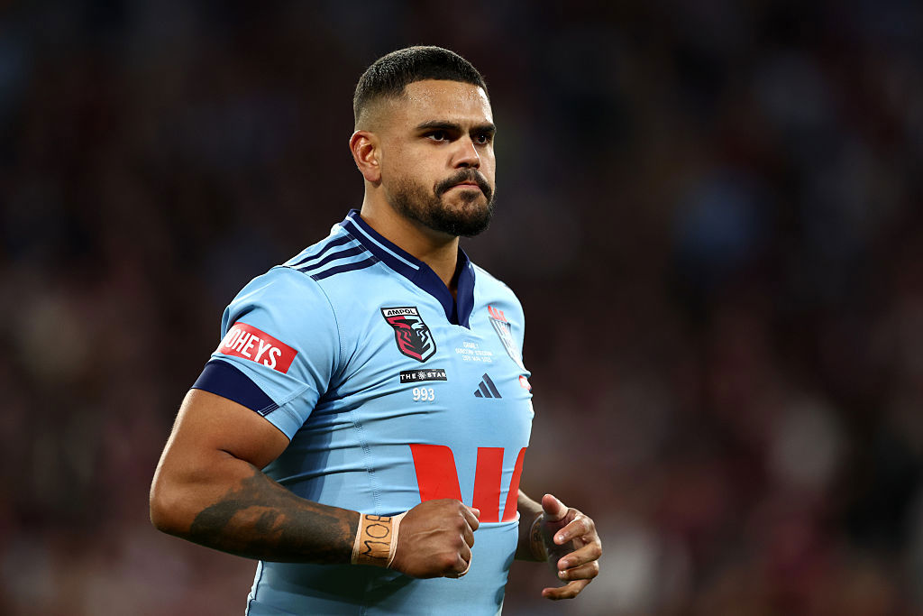 Latrell Mitchell of the NSW Blues runs out in game one of the 2025 State of Origin series.