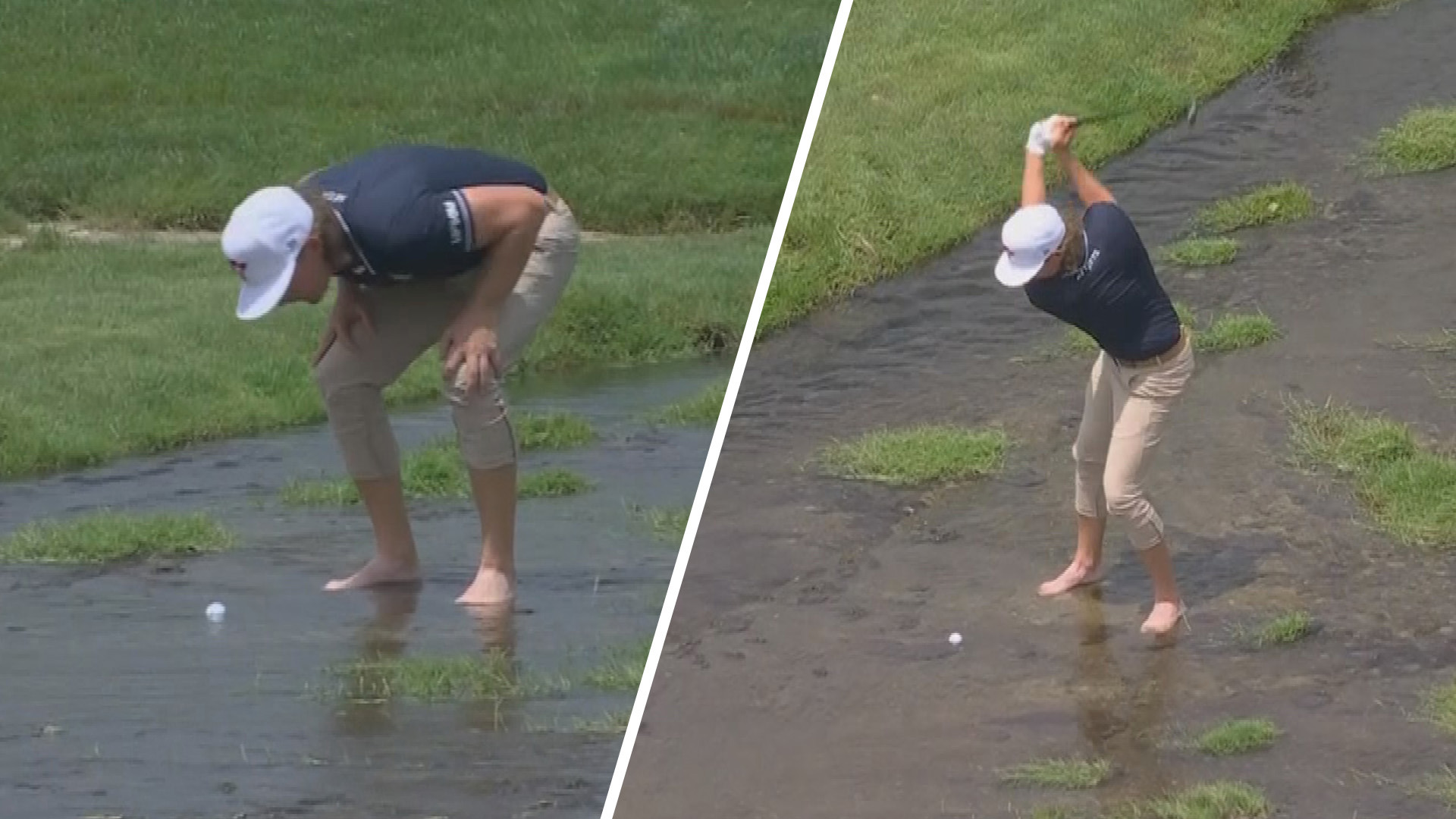 Cameron Smith managed to save par after playing his second shot from a creek on the par-five seventh hole in the opening round of the PGA Championship.