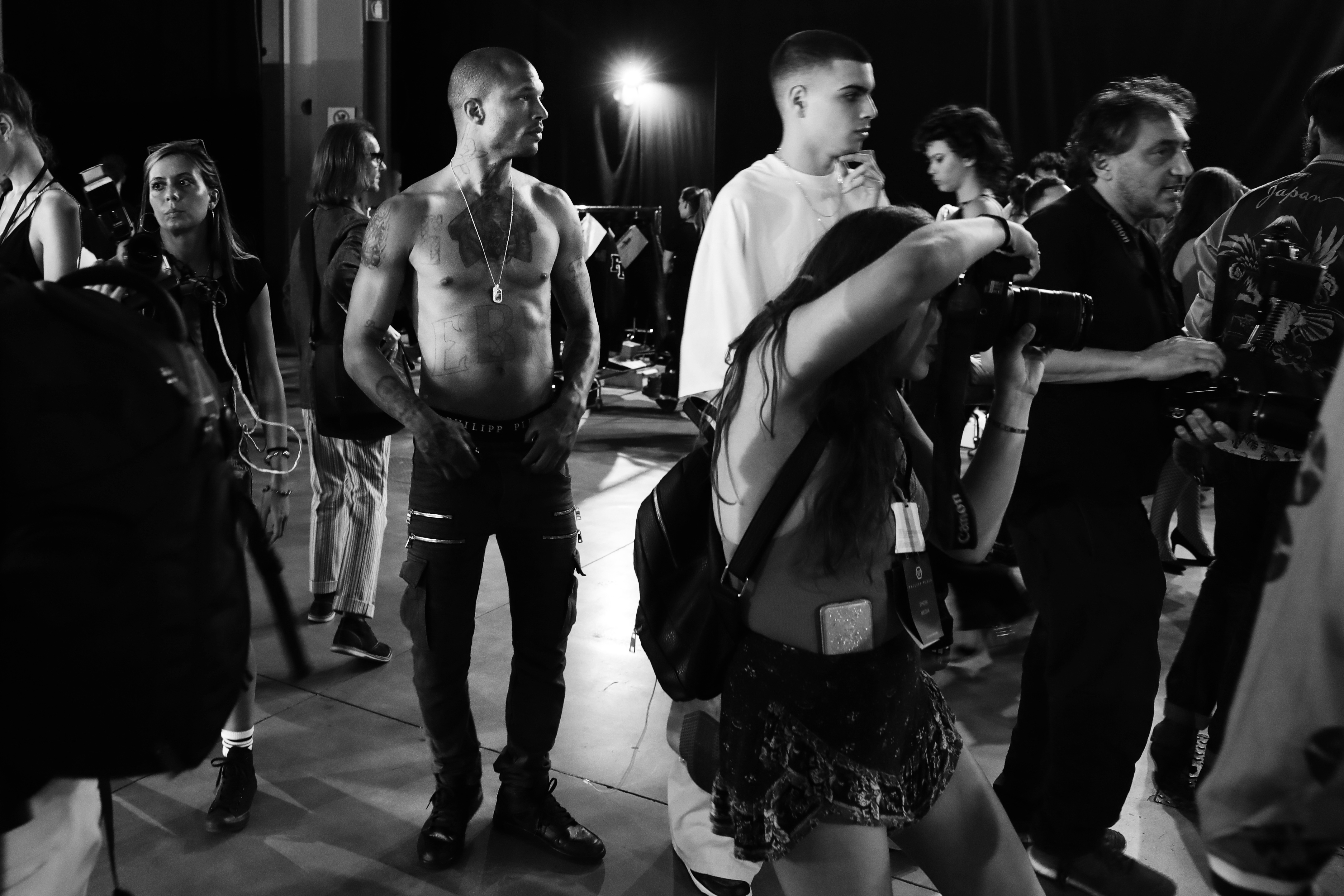 This image has been converted in black and white) Jeremy Meeks is seen backstage ahead of the Philipp Plein show during Milan Men's Fashion Week Spring/Summer 2018on June 17, 2017 in Milan, Italy.