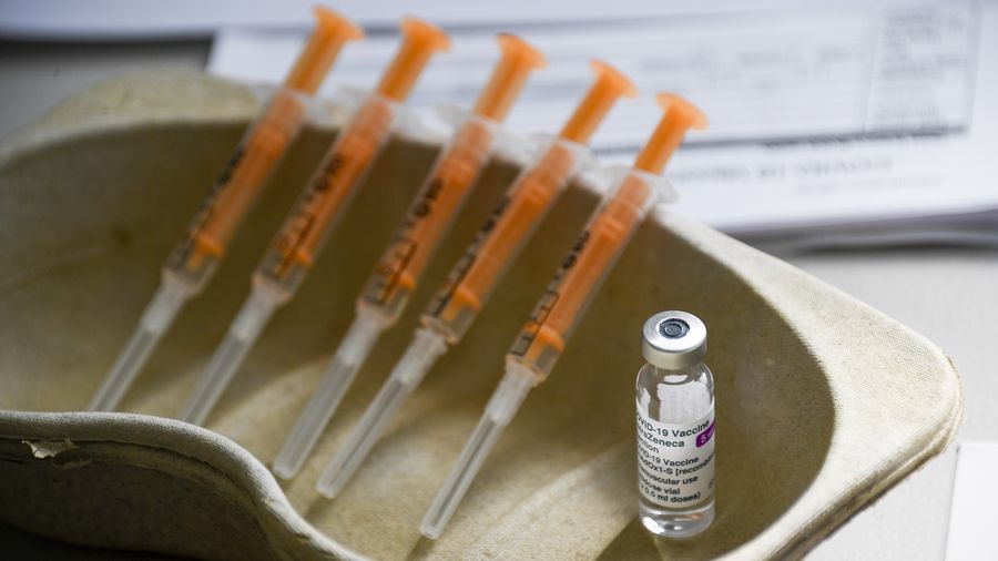 FILE - In this Sunday, March 21, 2021 file photo a vial and syringes of the AstraZeneca COVID-19 vaccine, at the Guru Nanak Gurdwara Sikh temple, in Luton, England. 