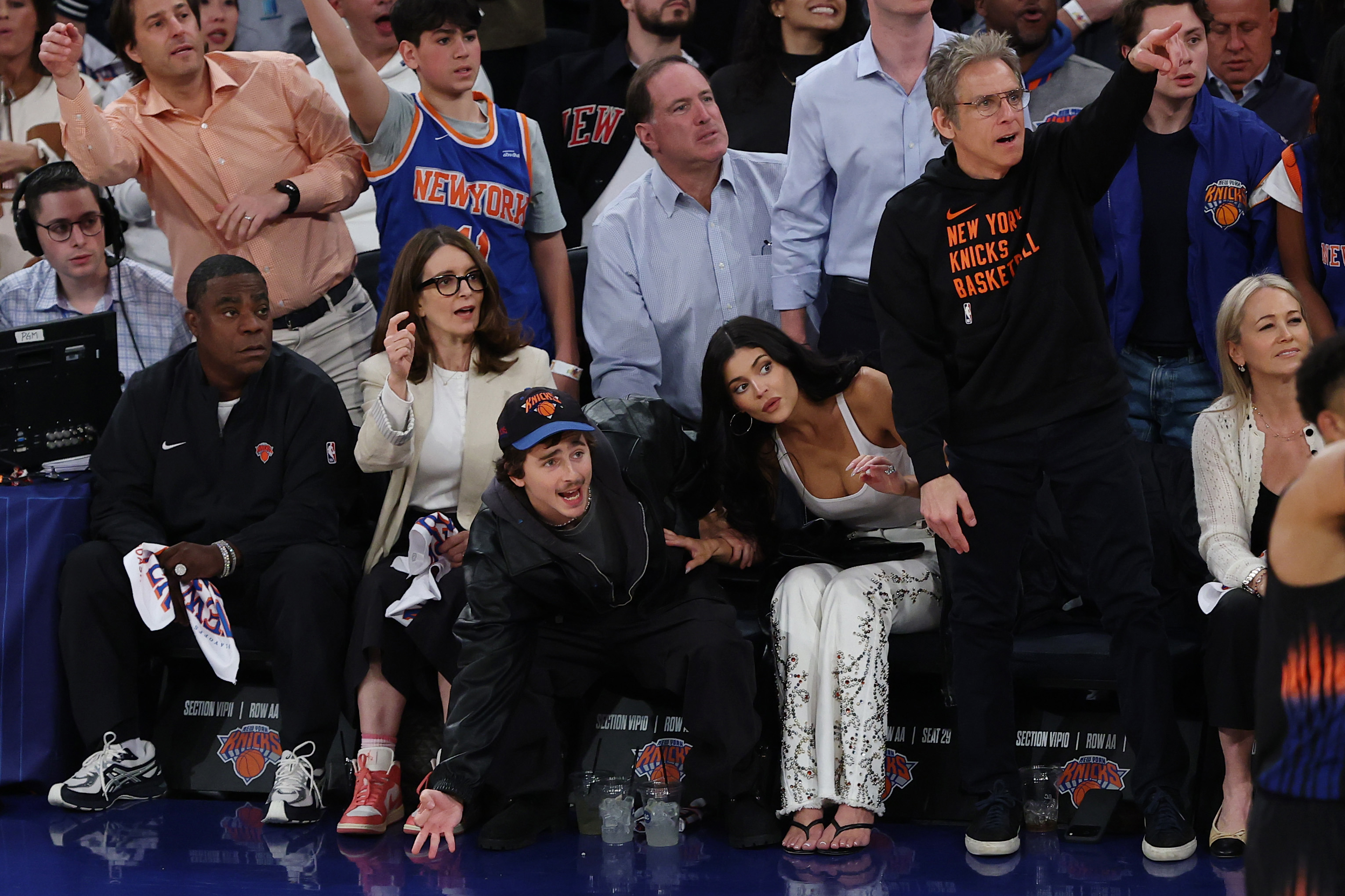 NEW YORK, NEW YORK - APRIL 28: Tracy Morgan, Tina Fey, Timothée Chalamet, Kylie Jenner, and Ben Stiller attend Game Five of the Eastern Conference First Round NBA Playoffs between the Atlanta Hawks and the New York Knicks at Madison Square Garden on April 28, 2026 in New York City. NOTE TO USER: User expressly acknowledges and agrees that, by downloading and or using this photograph, User is consenting to the terms and conditions of the Getty Images License Agreement. (Photo by Sarah Stier/Getty