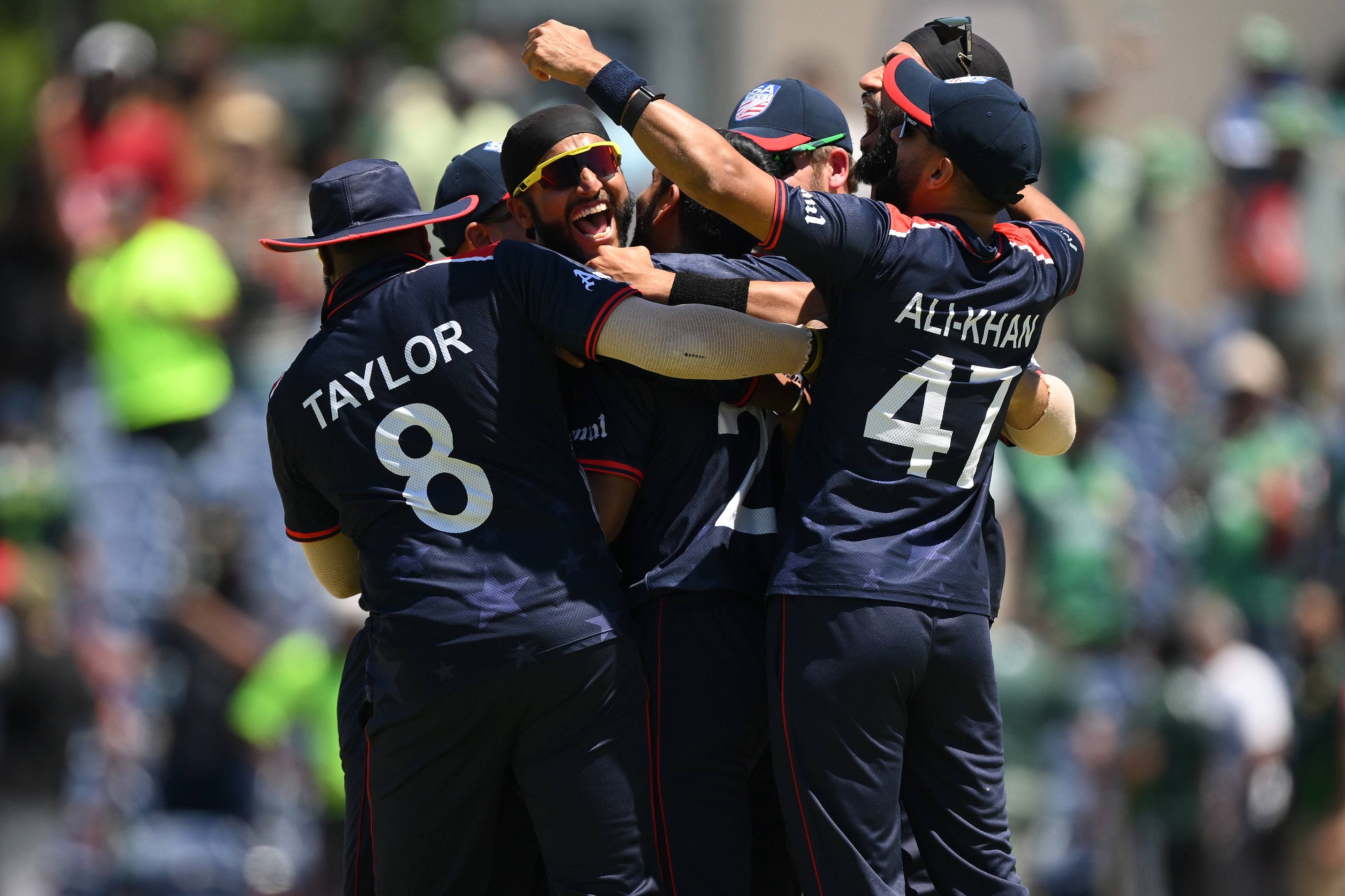 Team USA celebrate victory during the ICC Men's T20 Cricket World Cup over Pakistan.