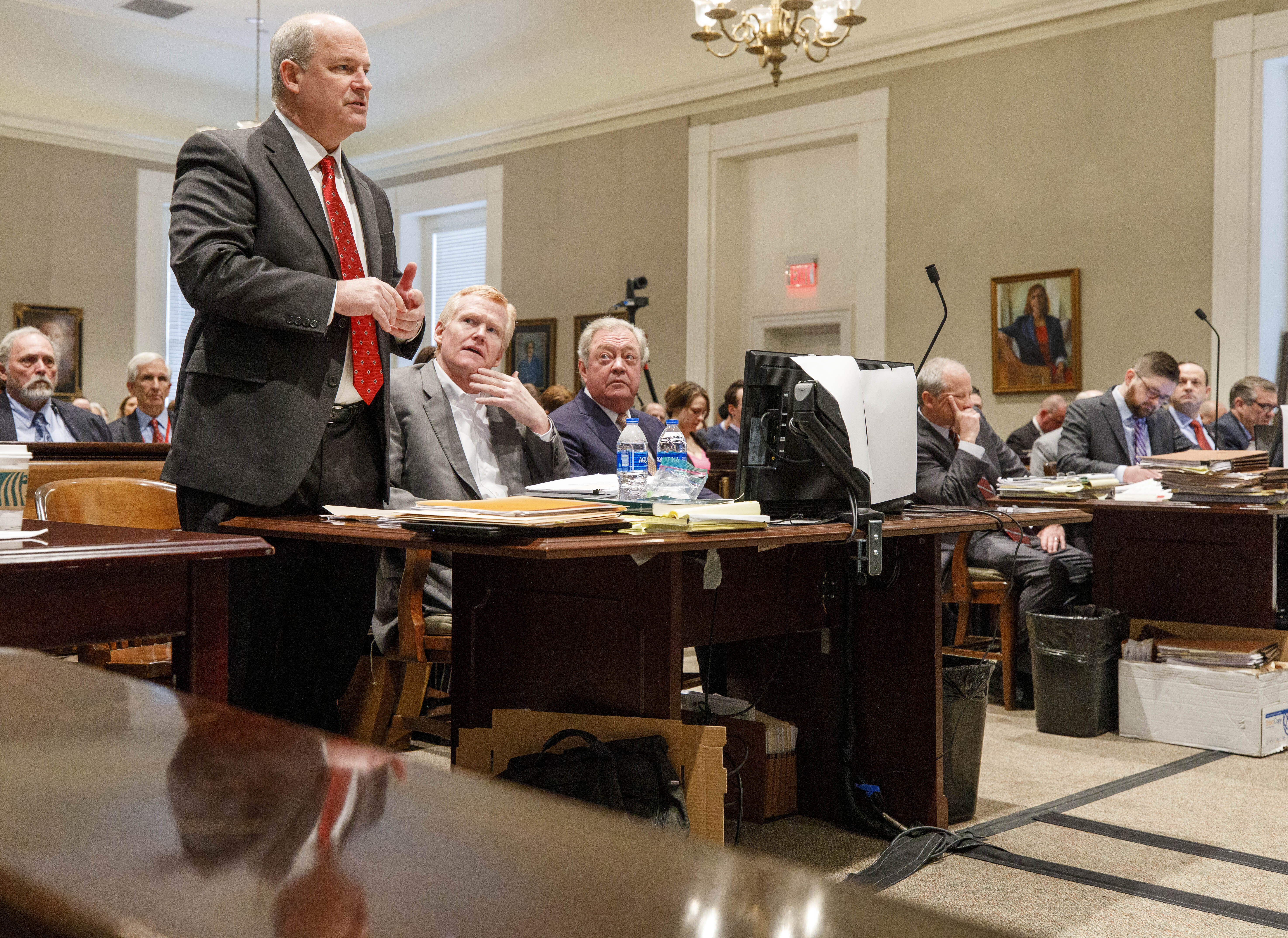 Defense attorney Jim Griffin addresses Judge Clifton Newman about the possibility of Alex Murdaugh testifying during his trial at the Colleton County Courthouse in Walterboro, S.C., on Wednesday, Feb. 22, 2023. 