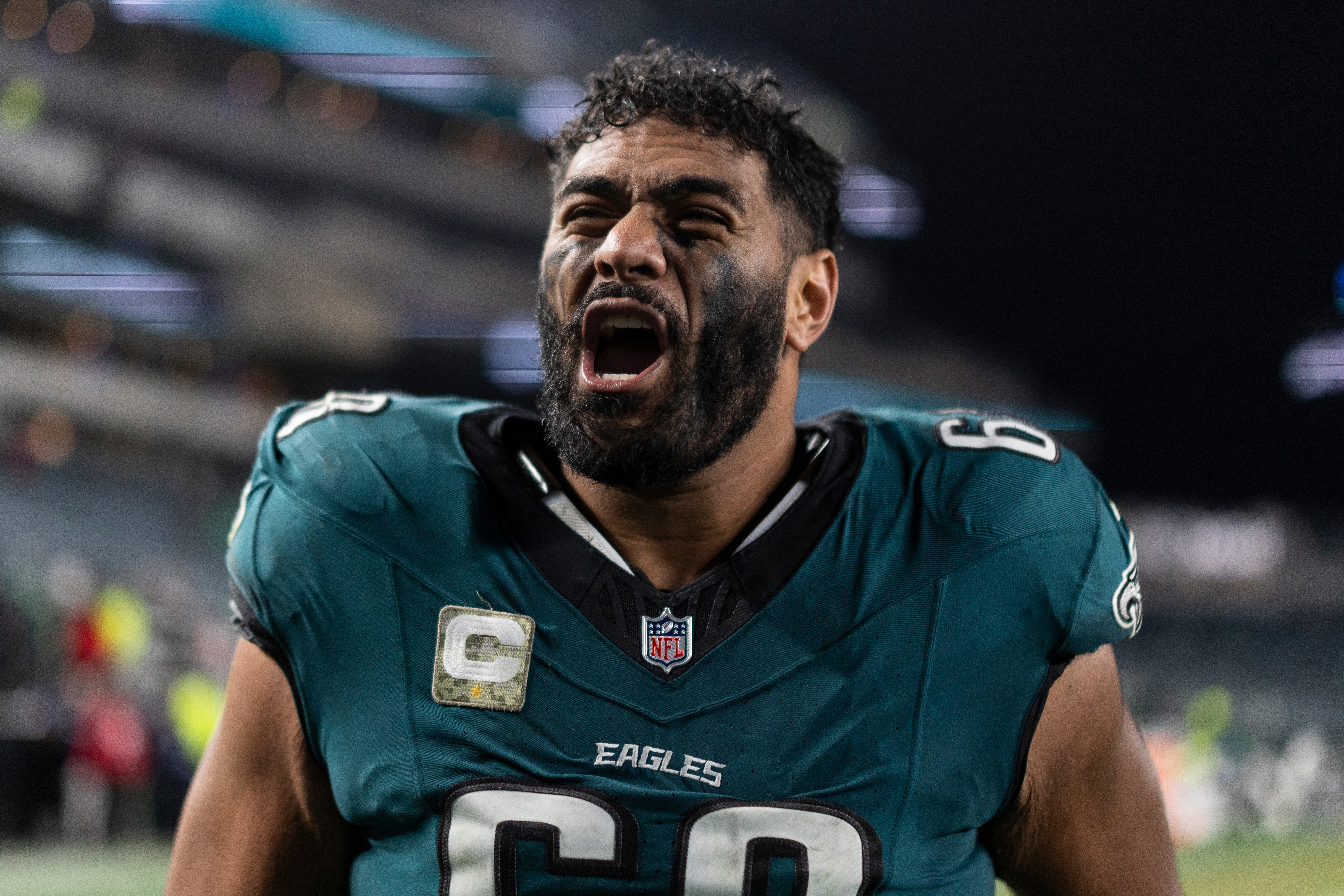 Jordan Mailata #68 of the Philadelphia Eagles reacts as he walks off the field following an NFL Football game against the Washington Commanders at Lincoln Financial Field on November 14, 2024 in Philadelphia, Pennsylvania. (Photo by Michael Owens/Getty Images)