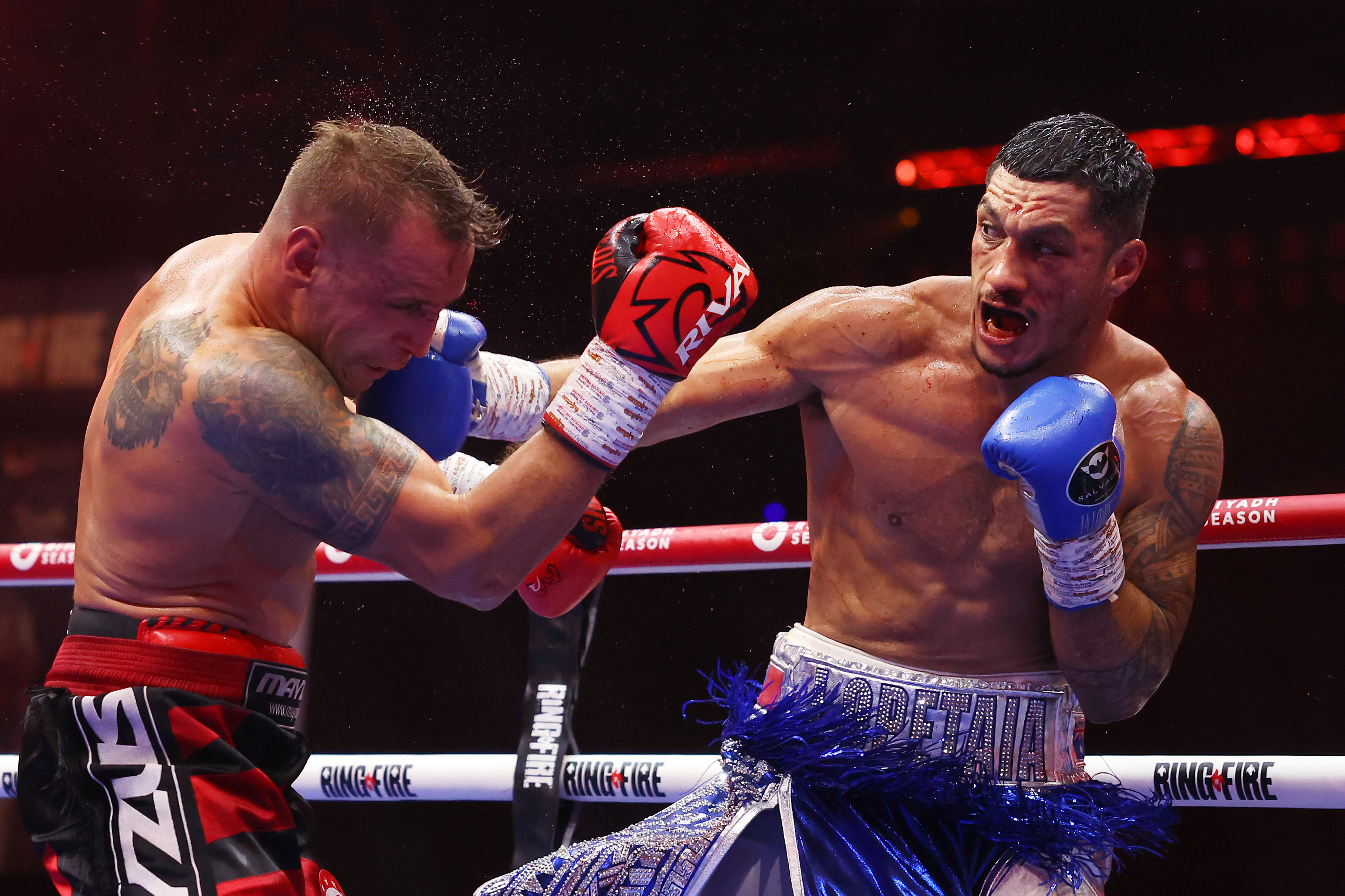 Jai Opetaia punches Mairis Briedis during the IBF World Cruiserweight title fight between Jai Opetaia and Mairis Briedis at Kingdom Arena on May 18, 2024 in Riyadh, Saudi Arabia. (Photo by Richard Pelham/Getty Images)