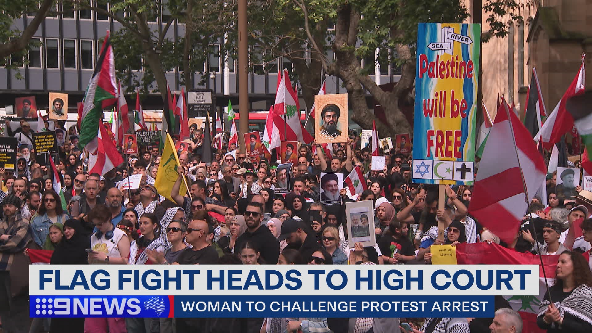 A crowd of pro-Palestinian protestors in Sydney holding signs and flags.