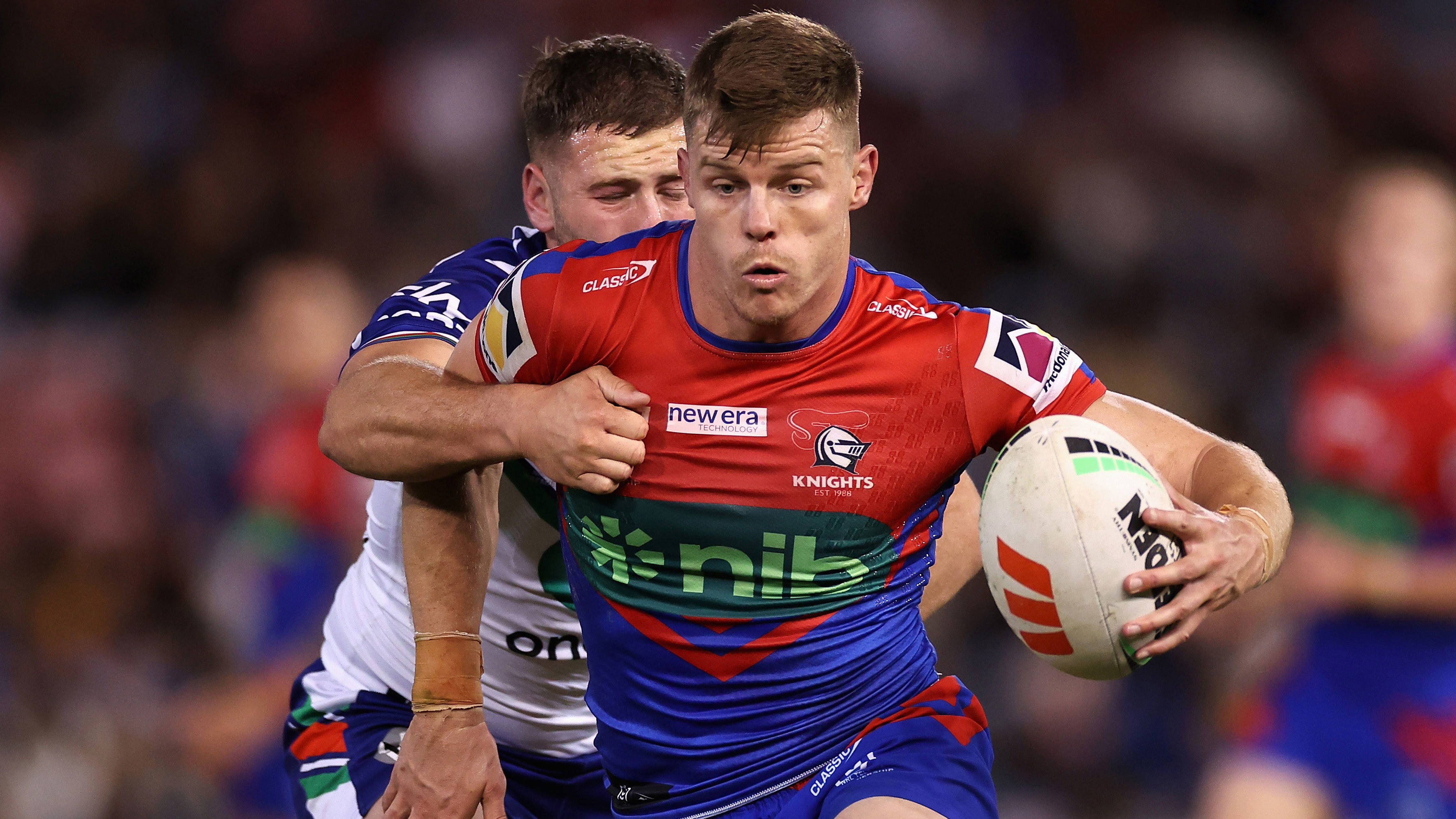 Knights skipper Jayden Brailey is tackled during their round six win over the Warriors. 