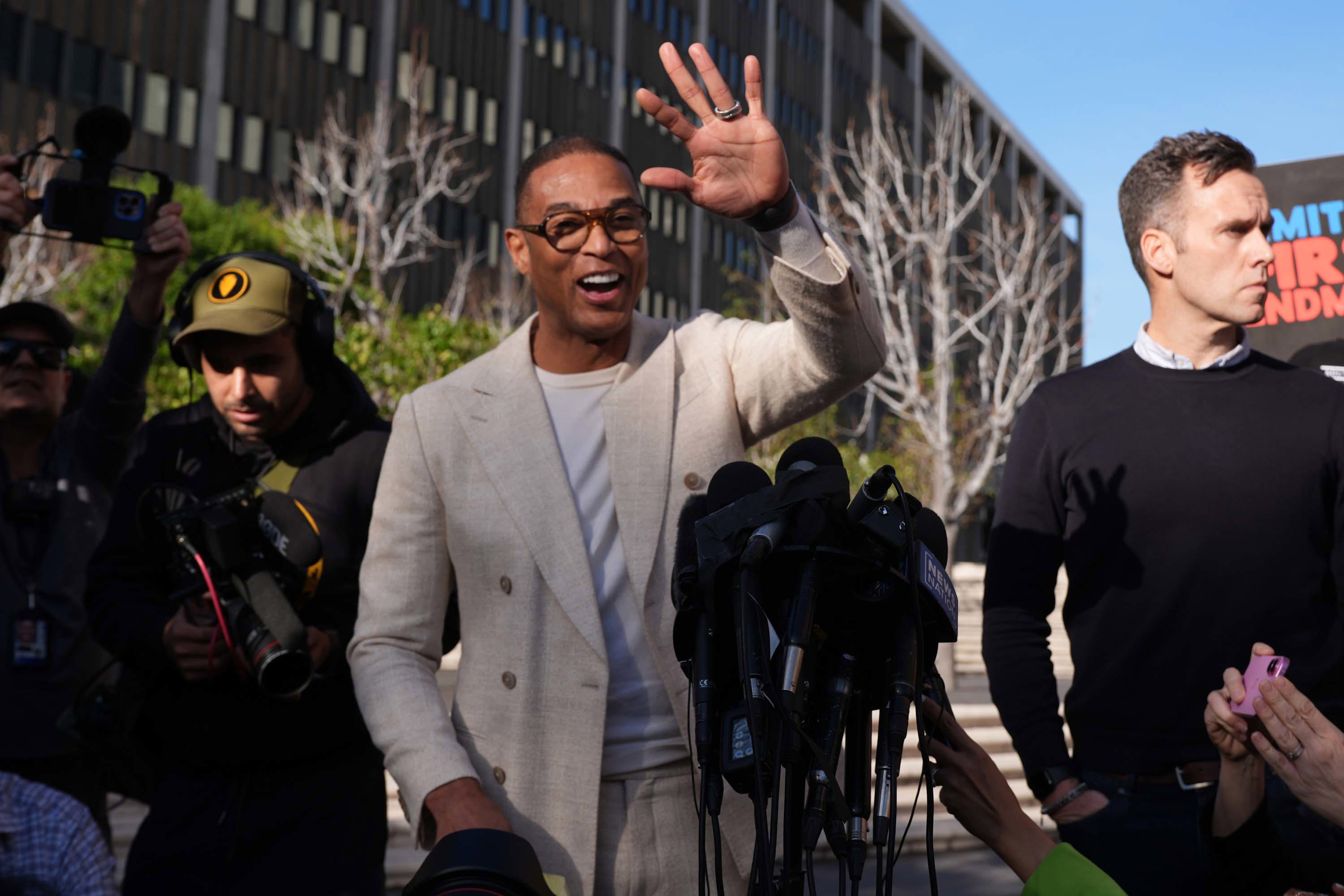 Journalist Don Lemon, waves to the media after a hearing outside the Edward R. Roybal Federal Building in Los Angeles