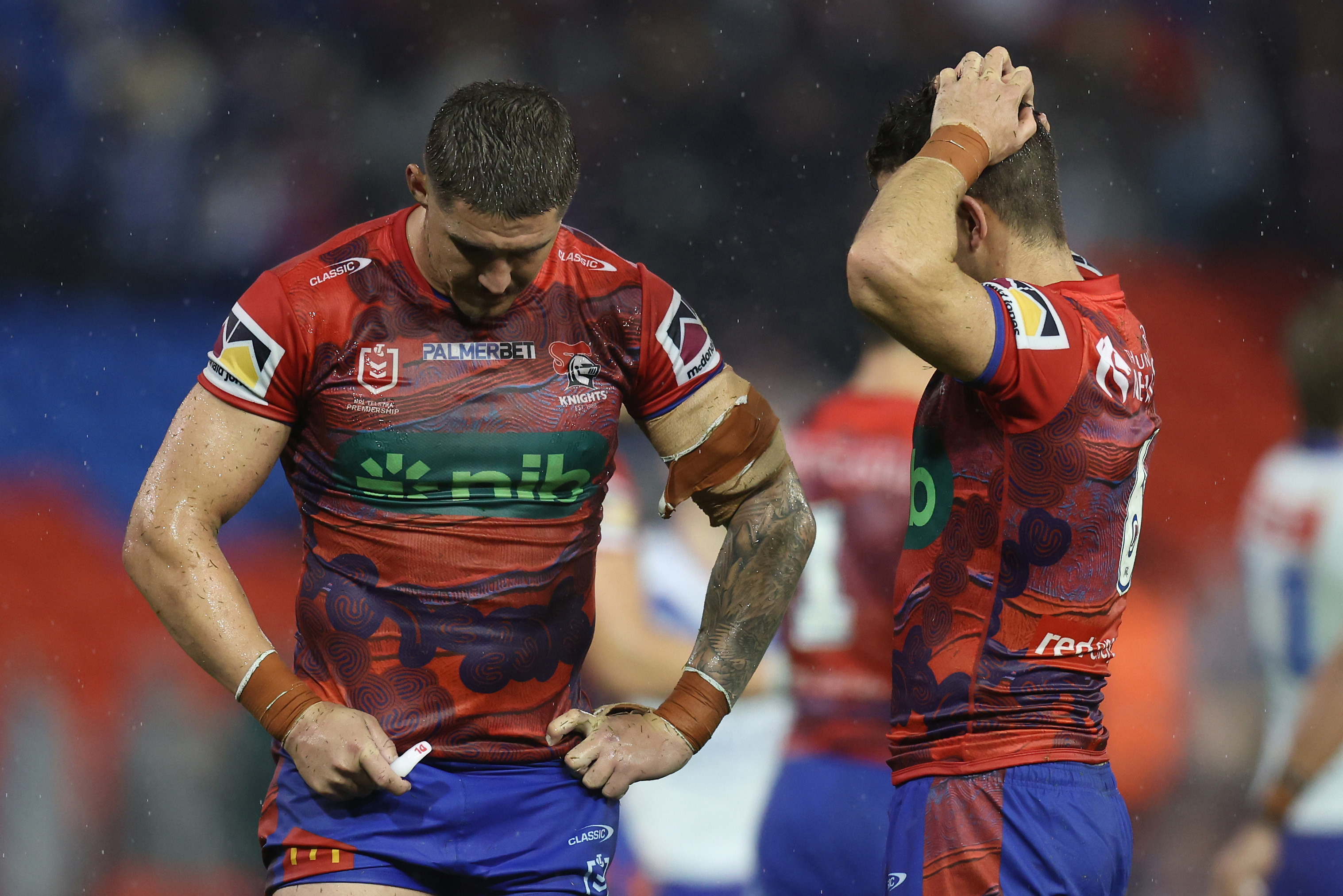 Dylan Lucas of the Knights reacts to the teams loss during the round 13 NRL match between Newcastle Knights and Canterbury Bulldogs at McDonald Jones Stadium, on May 31, 2024, in Newcastle, Australia. (Photo by Scott Gardiner/Getty Images)