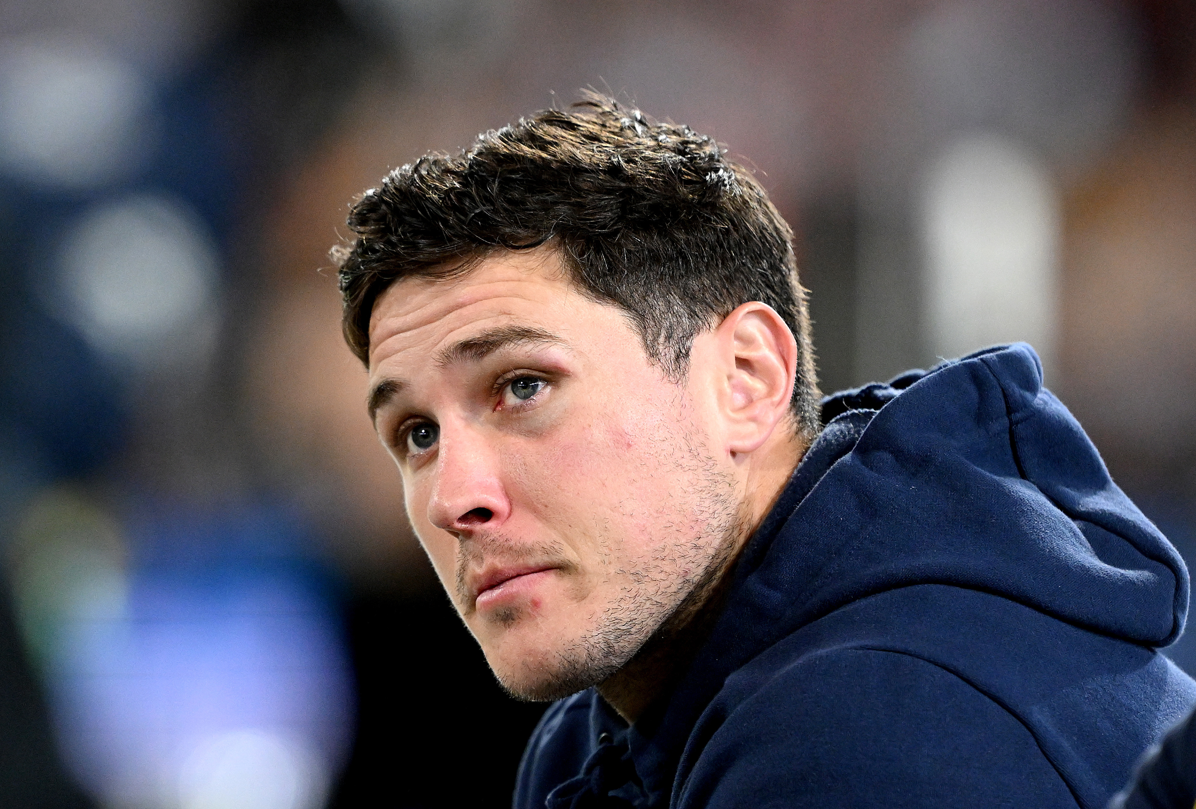 Mitchell Moses of the Eels is seen looking dejected after sustaining an injury during the round 24 NRL match between the Brisbane Broncos and Parramatta Eels at The Gabba on August 11, 2023 in Brisbane, Australia. (Photo by Bradley Kanaris/Getty Images)