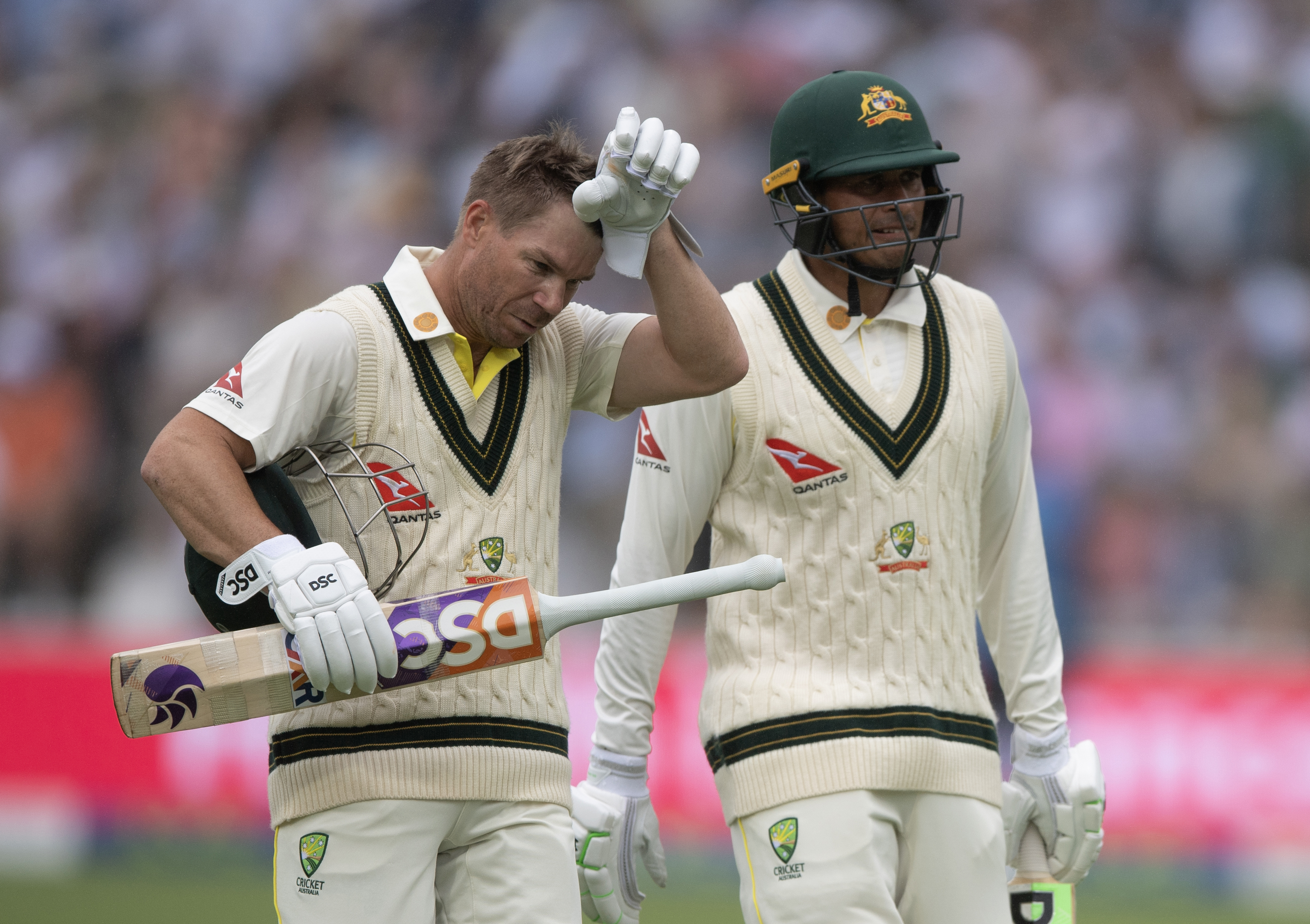 LONDON, ENGLAND - JUNE 28: David Warner (left) and Usman Khawaja of Australia walk off the pitch during Day One of the LV= Insurance Ashes 2nd Test match between England and Australia at Lord's Cricket Ground on June 28, 2023 in London, England. (Photo by Visionhaus/Getty Images)