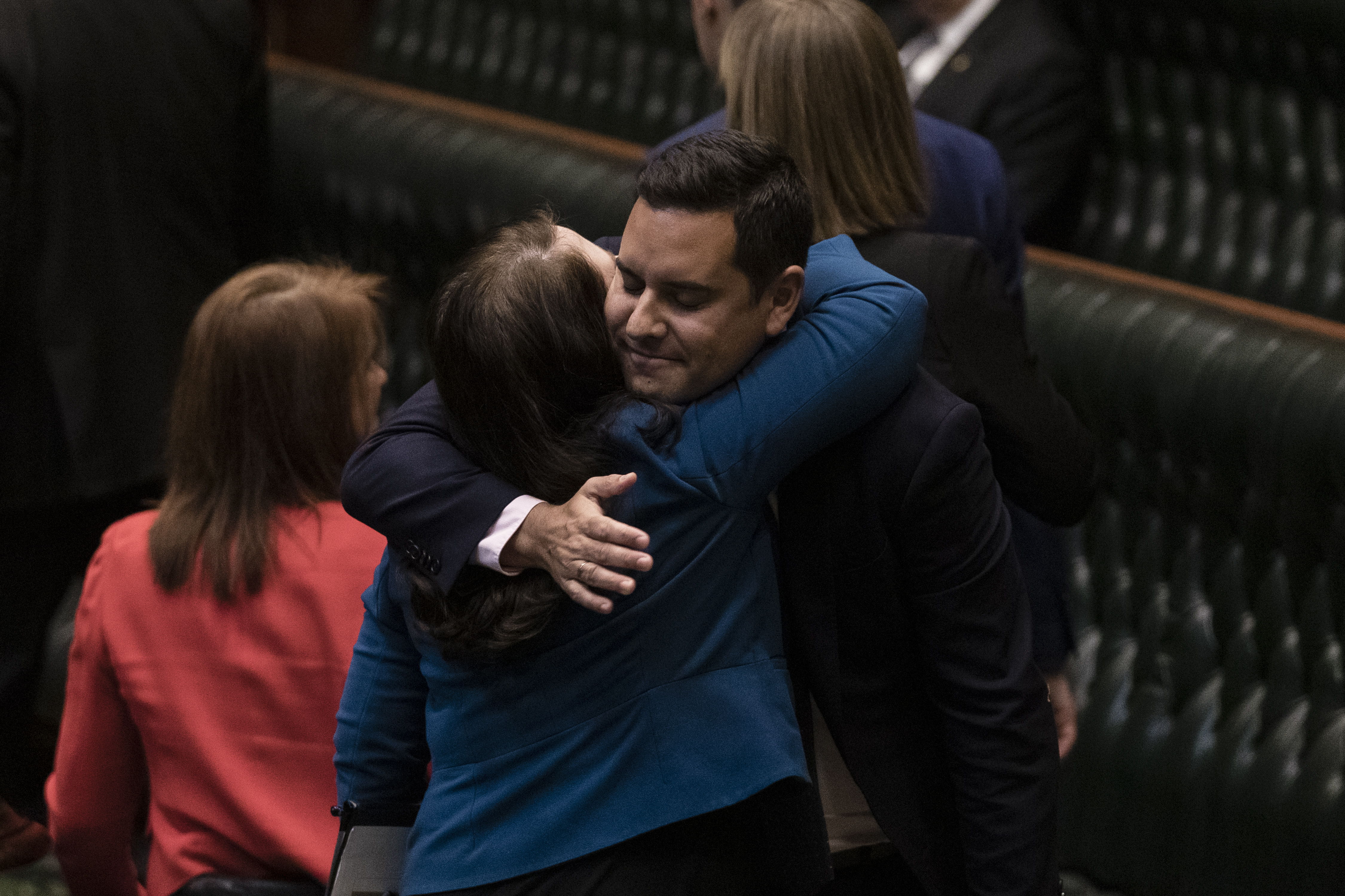 Independent MP Alex Greenwich is congratulated by Liberal MP Felicity Wilson after the passing of the bill to decriminalise abortion  on September 26, 2019 in Sydney. 