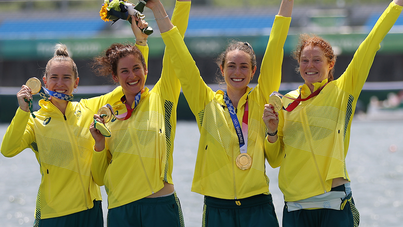 Gold medalists Lucy Stephan, Rosemary Popa, Jessica Morrison and Annabelle Mcintyre of Team Australia pose with their medals 