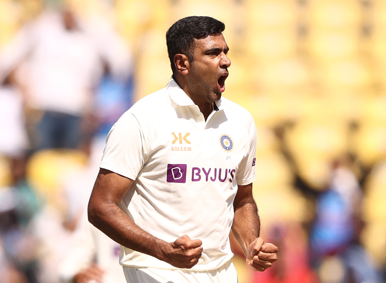 Ravichandran Ashwin of India celebrates taking the wicket of David Warner of Australia during day three of the First Test match in the series between India and Australia at Vidarbha Cricket Association Ground on February 11, 2023 in Nagpur, India. (Photo by Robert Cianflone/Getty Images)