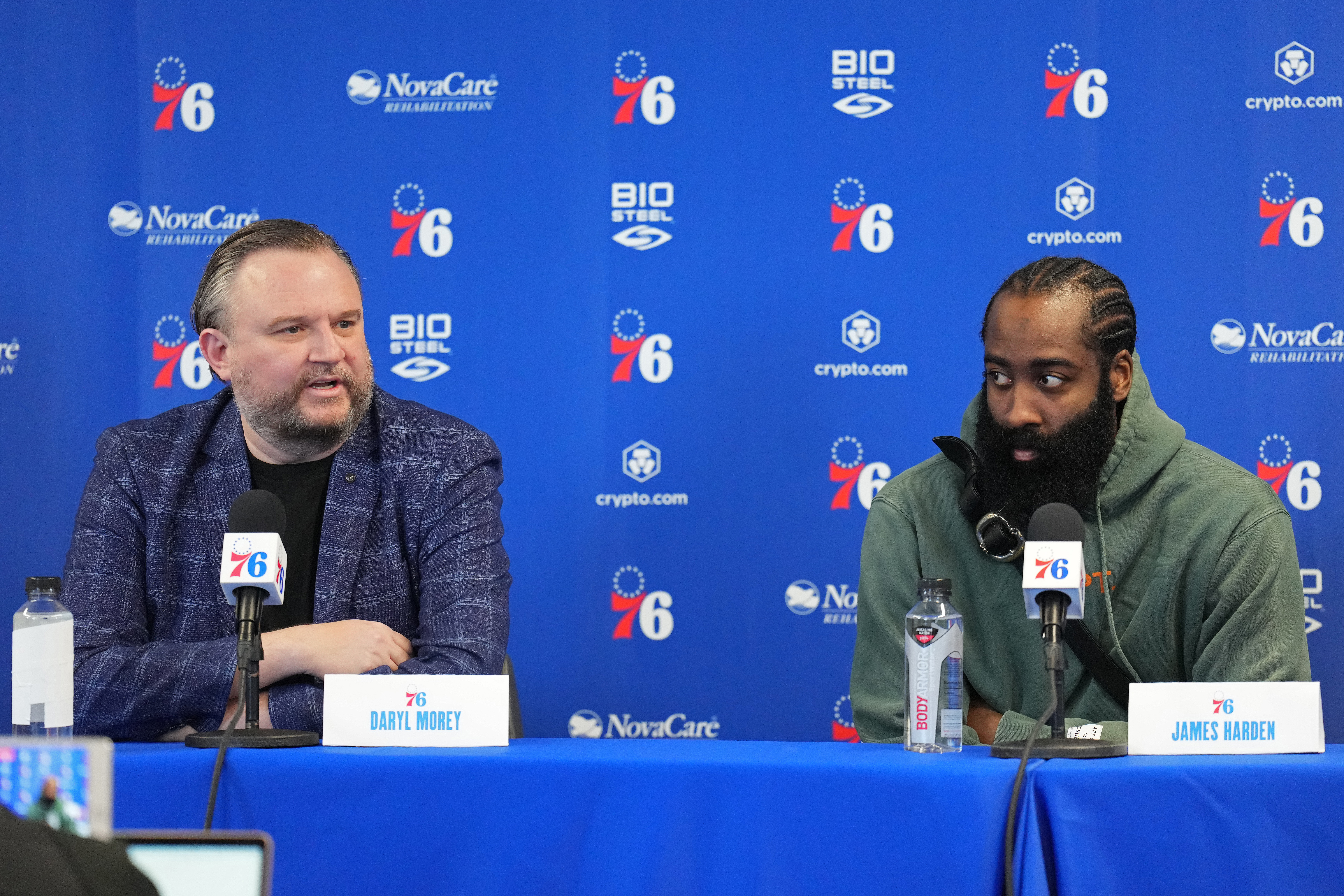 CAMDEN, NJ - FEBRUARY 15: Daryl Morey, President of Basketball Operations and James Harden #1 of the Philadelphia 76ers speak to the media during a press conference on February 15, 2022 at Philadelphia 76ers Training Complex in Camden, New Jersey. NOTE TO USER: User expressly acknowledges and agrees that, by downloading and/or using this Photograph, user is consenting to the terms and conditions of the Getty Images License Agreement. Mandatory Copyright Notice: Copyright 2022 NBAE (Photo by Jess