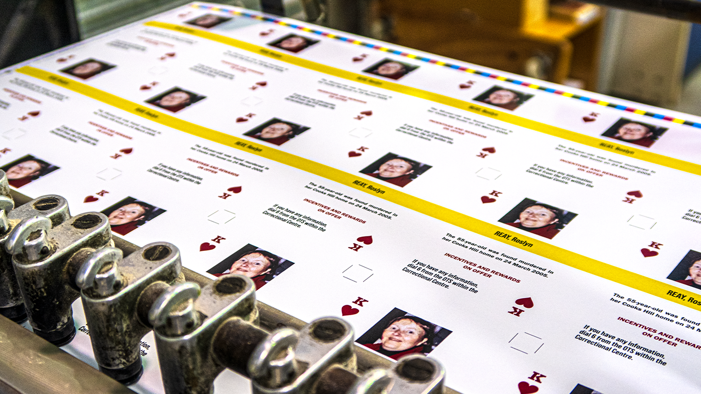 Operation Veritas cold case playing cards being printed at Geoffrey Pearce Correctional Centre.