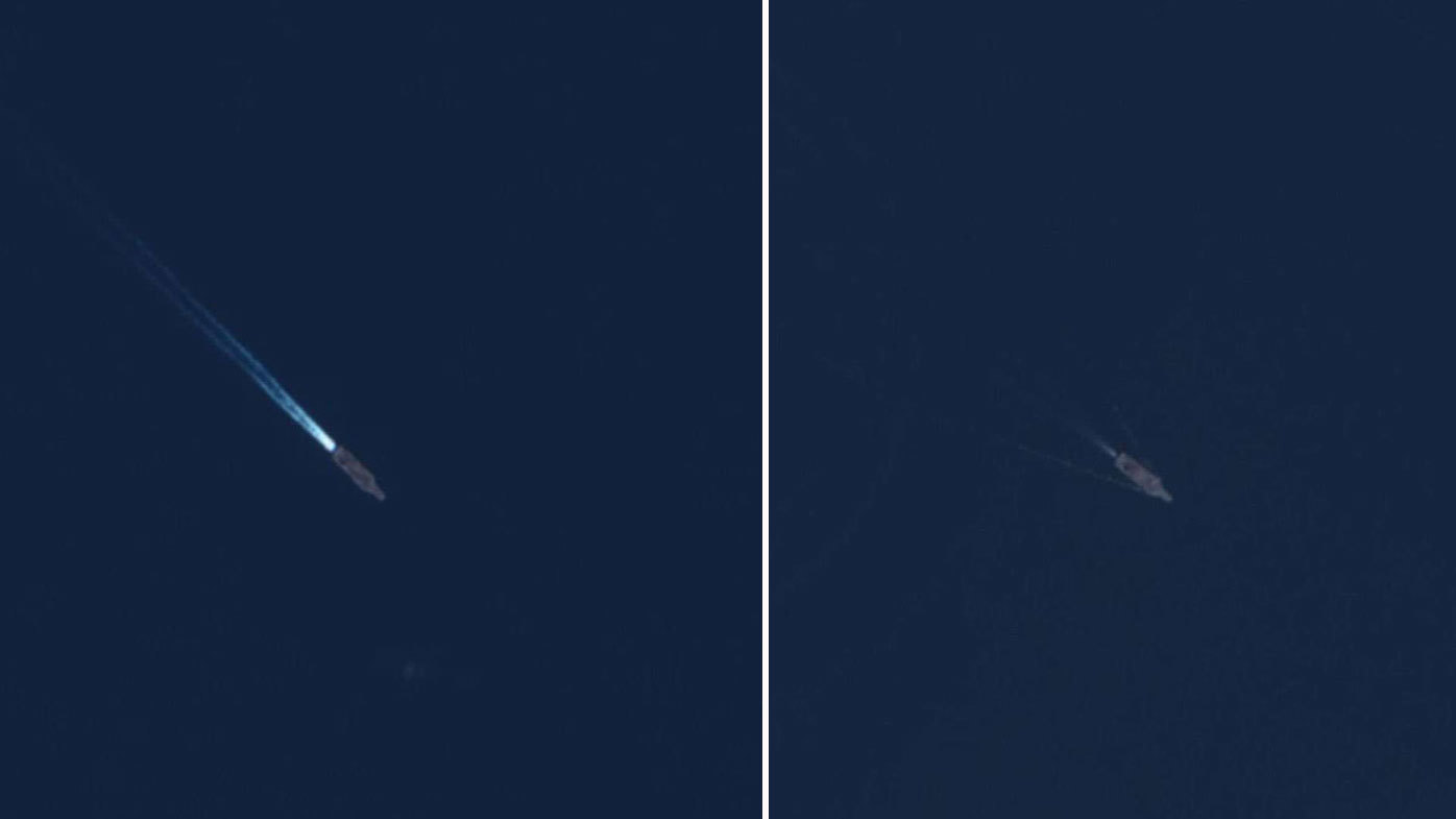 The USS Gerald R. Ford's wake pictured yesterday (left) versus its wake in the Adriatic (right) last week