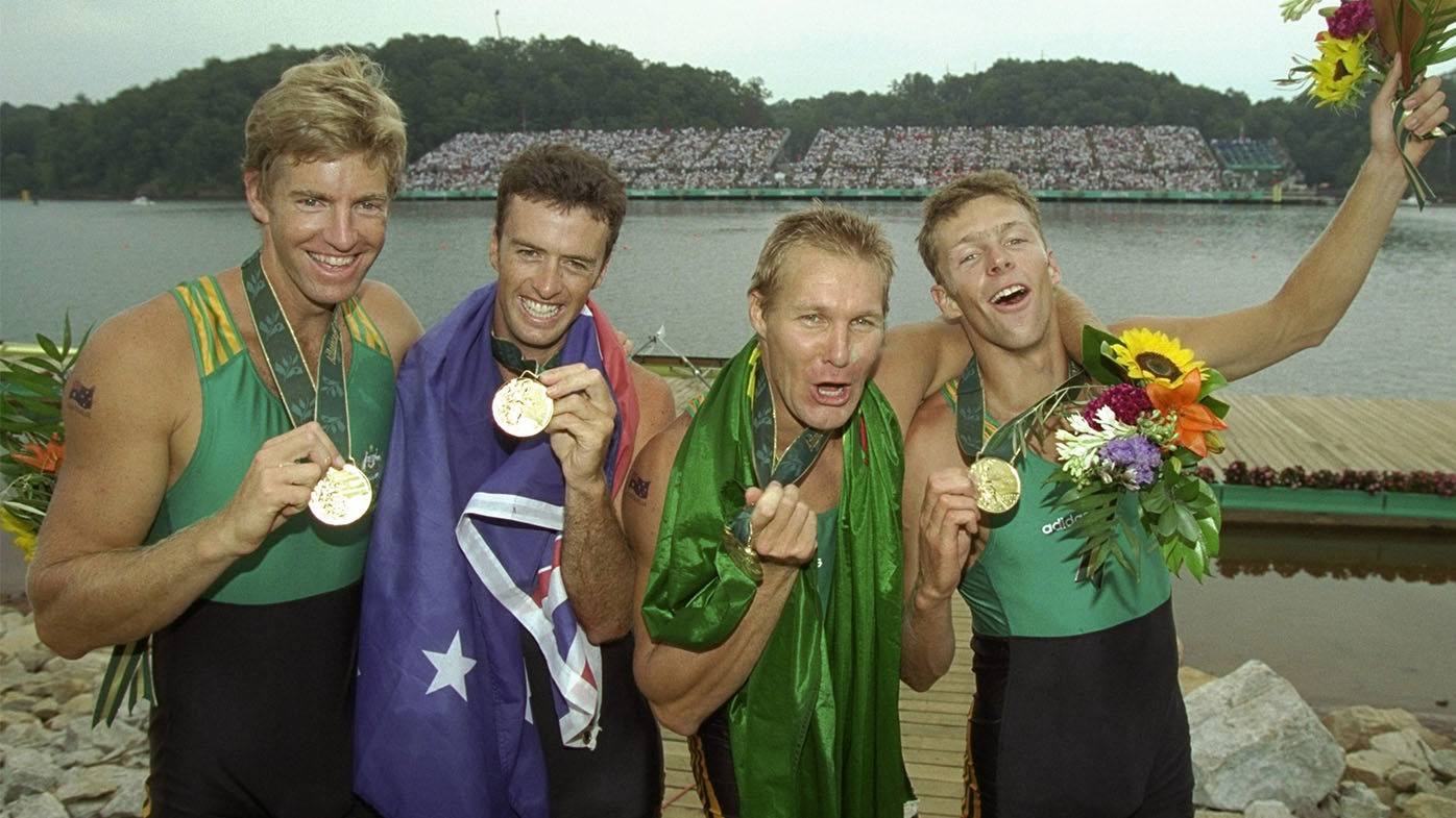 From left: James Tomkins, Nick Green, Mike McKay and Drew Ginn celebrating winning gold at the Atlanta 1996 Olympics.