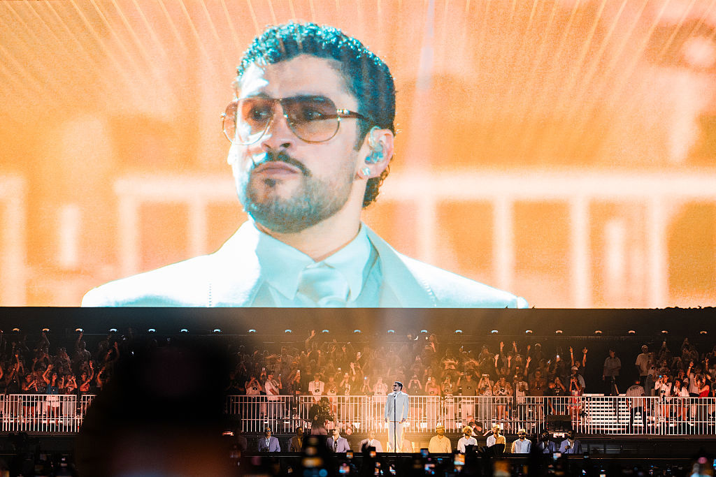 SAO PAULO, BRAZIL - FEBRUARY 20: Bad Bunny performs live on stage as part of his Debi Tirar Mas Fotos World Tour at Allianz Parque on February 20, 2026 in Sao Paulo, Brazil. (Photo by Mauricio Santana/Getty Images)